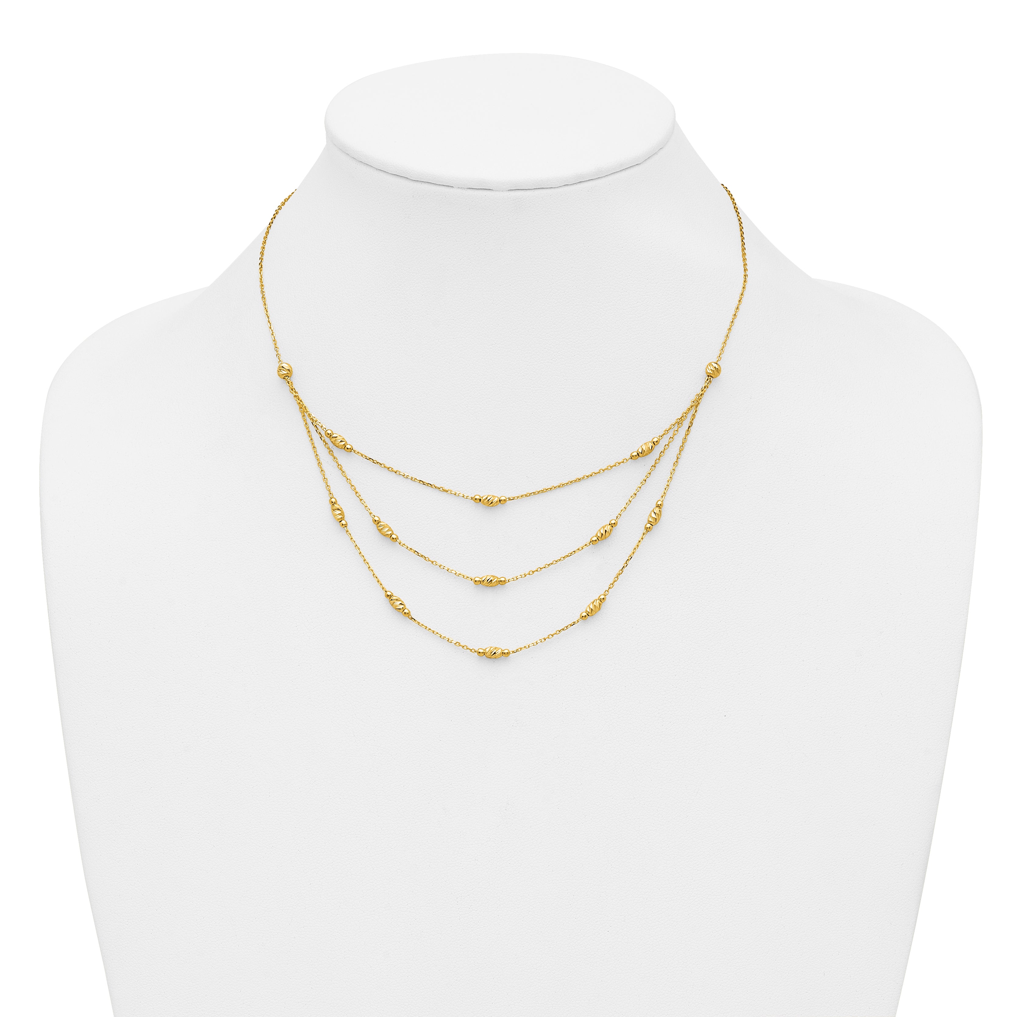 14K Polished and Dia-cut Layered Beaded w/2in ext. Necklace