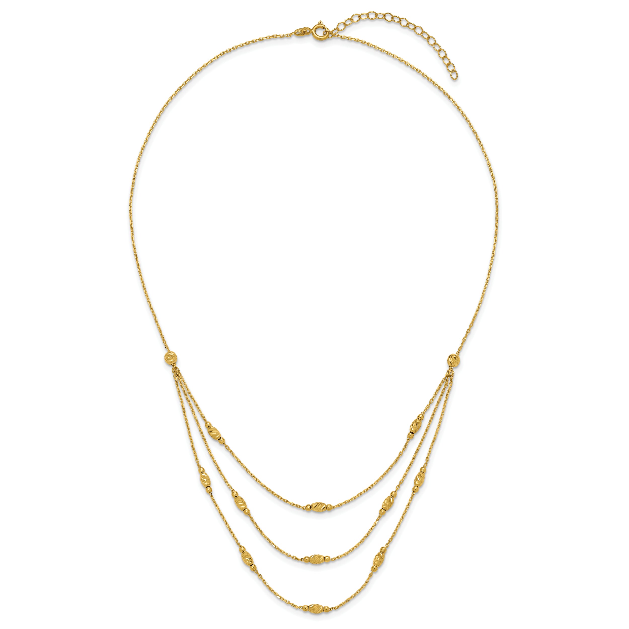 14K Polished and Dia-cut Layered Beaded w/2in ext. Necklace
