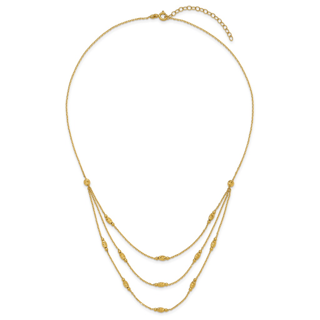 14K Polished and Dia-cut Layered Beaded w/2in ext. Necklace