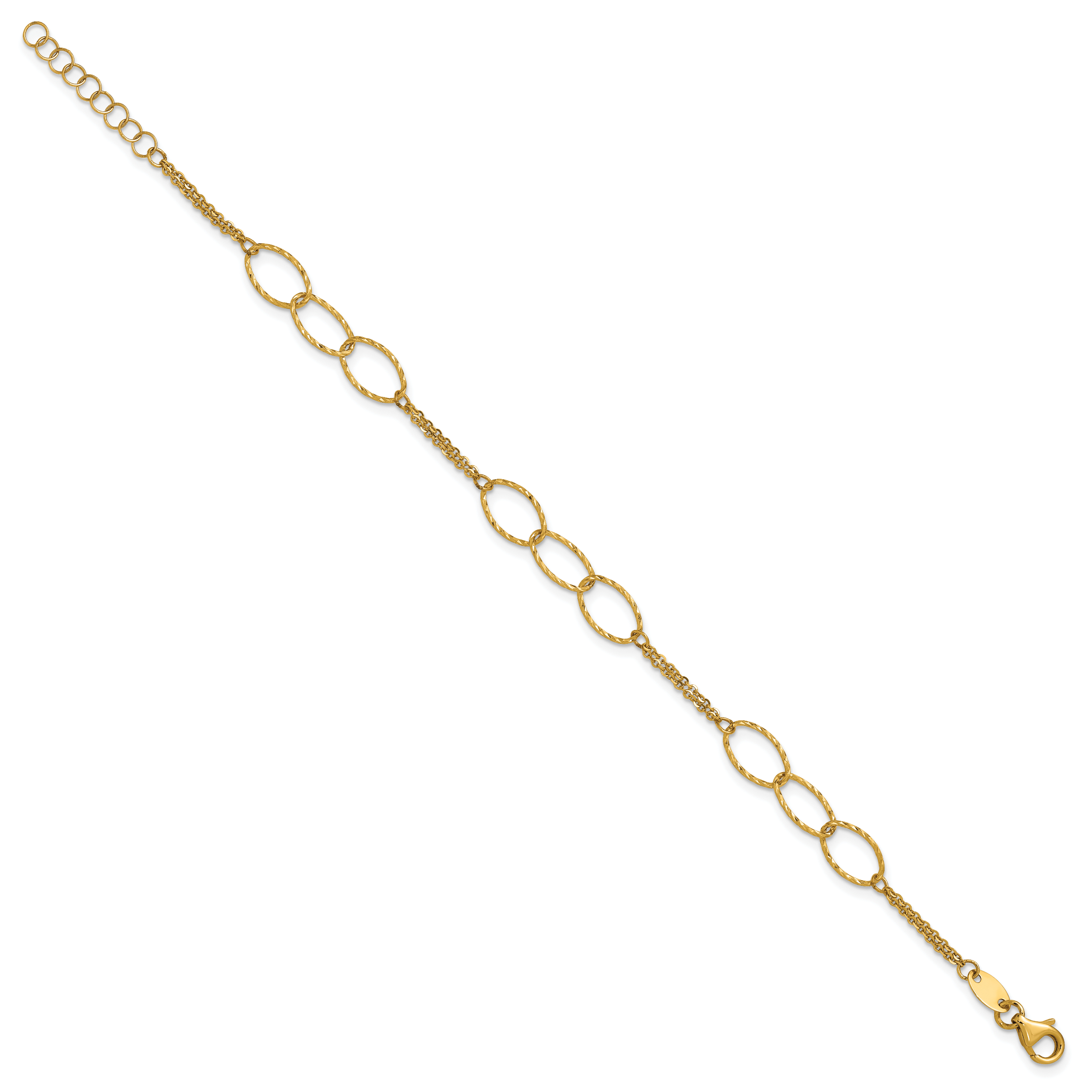 14K Polished Dia-cut  2-Strand Oval Links w/1in ext. Bracelet