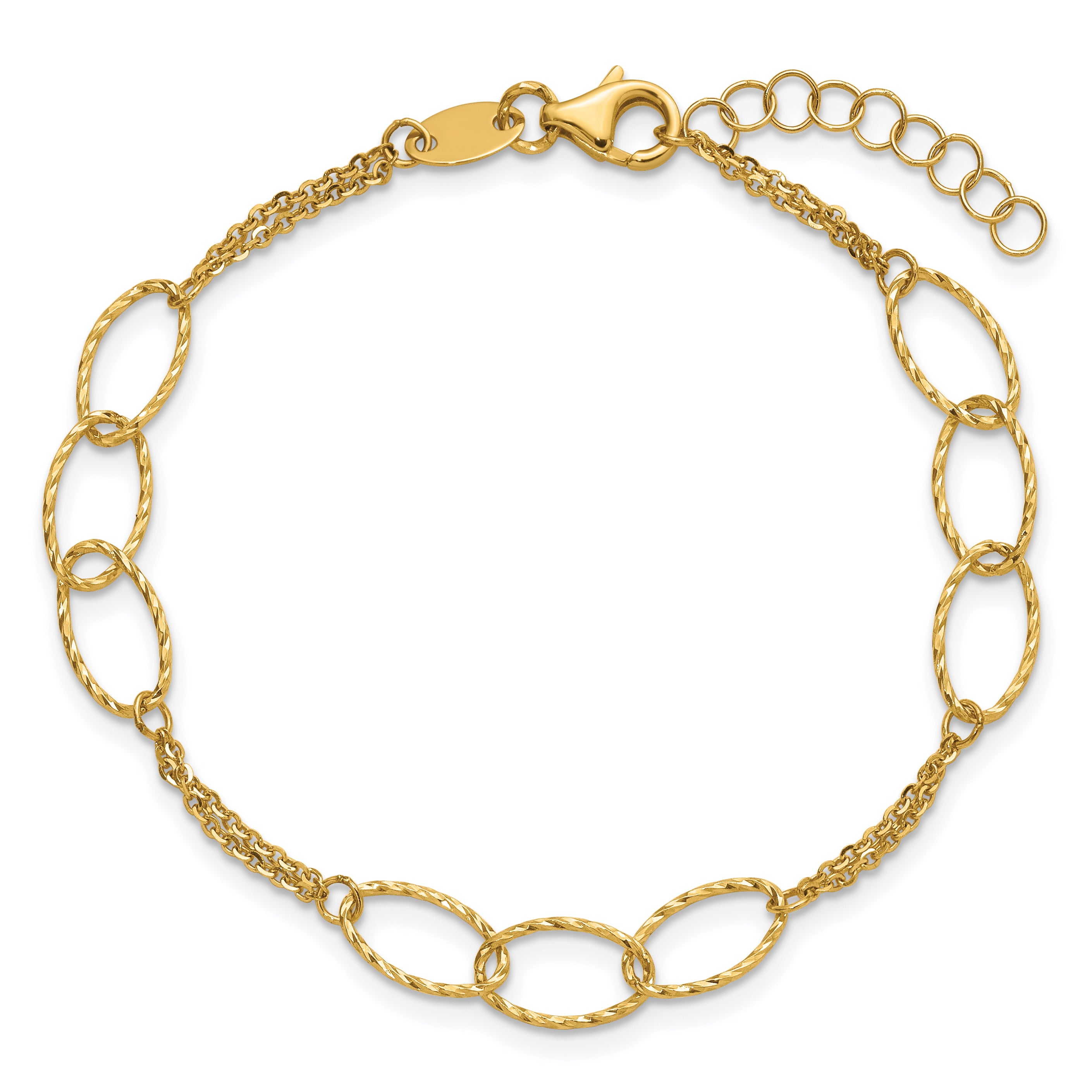 14K Polished Dia-cut  2-Strand Oval Links w/1in ext. Bracelet