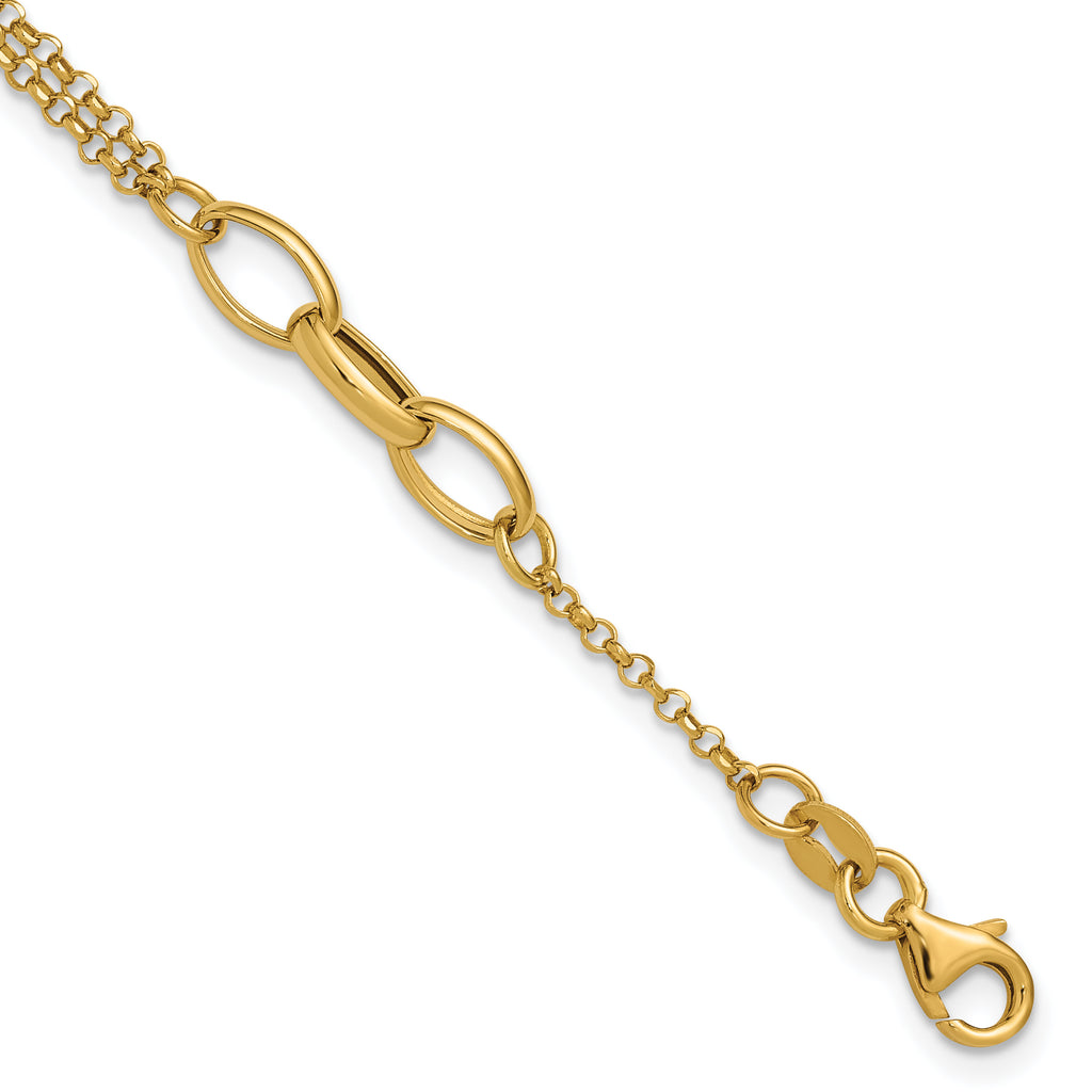 14K Polished Fancy 2-Strand Oval Links w/1in ext. Bracelet