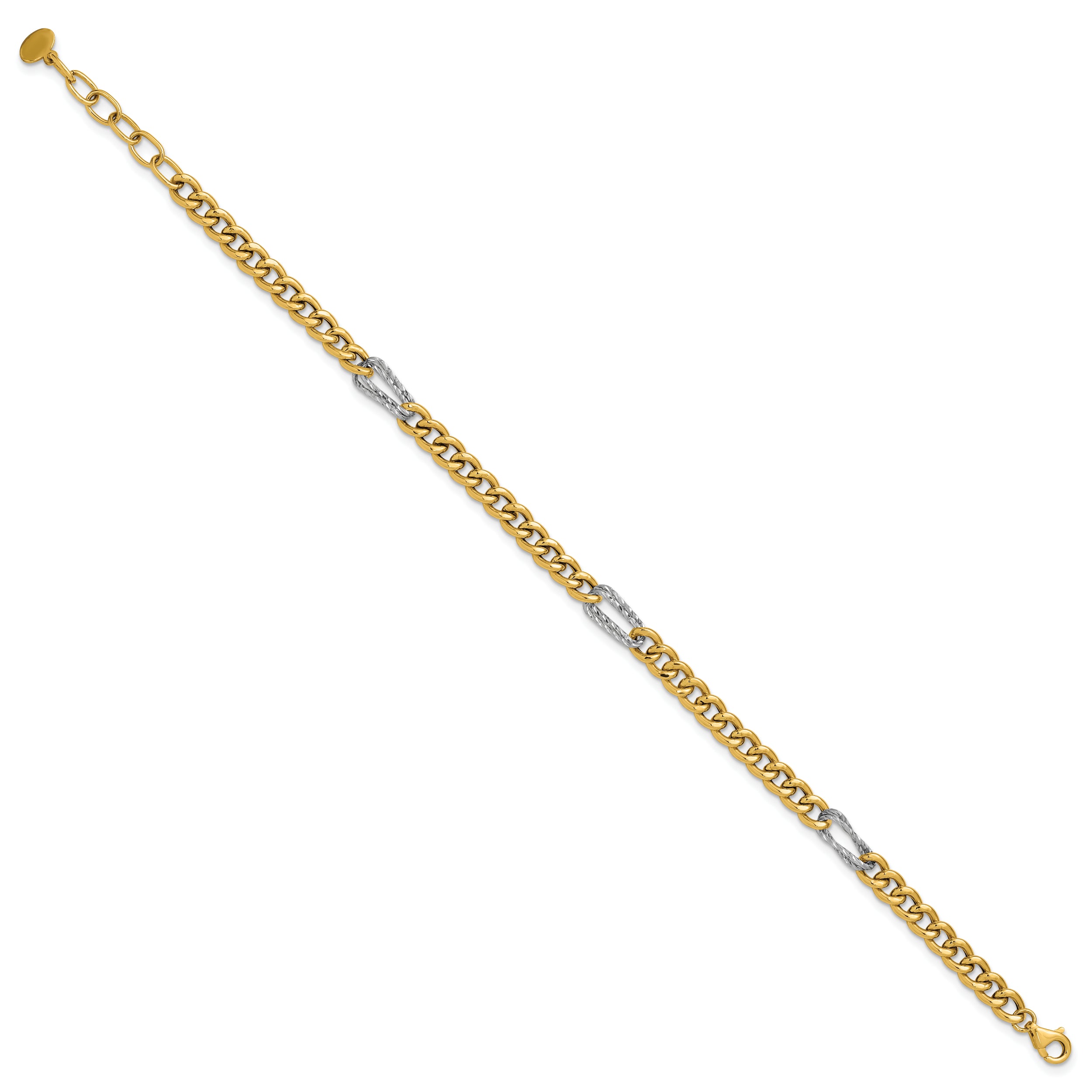 14K Two-tone Polished / DC Fancy Link w/1in ext. Bracelet