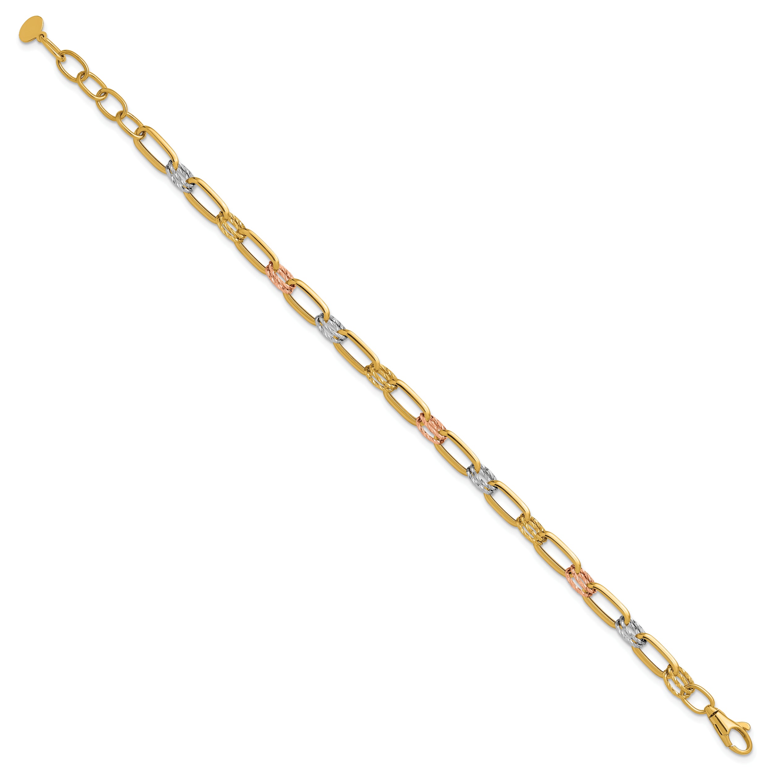 14K Tri-color Polished / DC Fancy Link w/1in ext. Bracelet