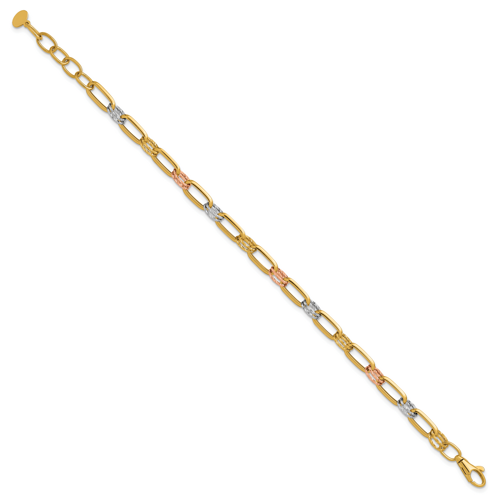 14K Tri-color Polished / DC Fancy Link w/1in ext. Bracelet