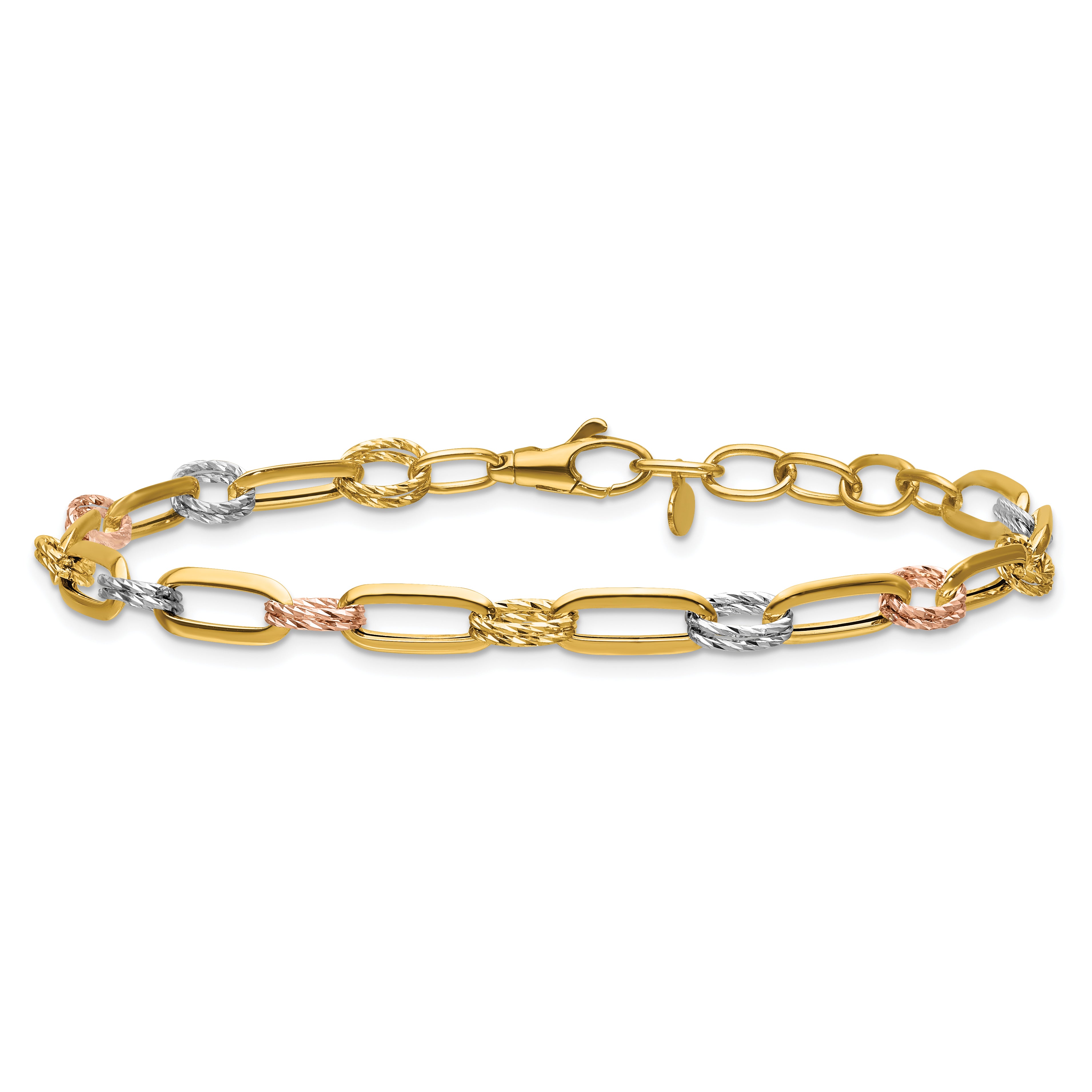 14K Tri-color Polished / DC Fancy Link w/1in ext. Bracelet