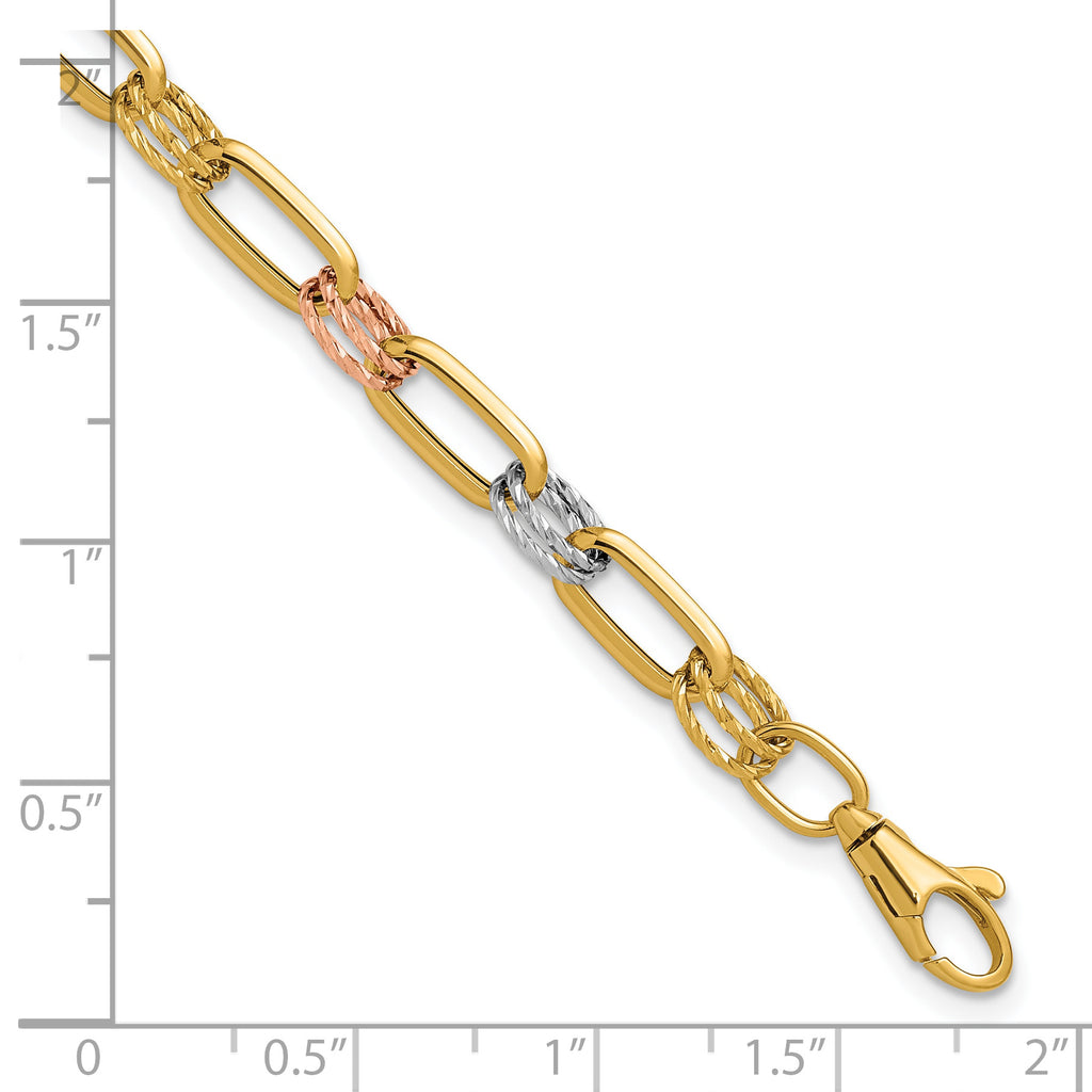 14K Tri-color Polished / DC Fancy Link w/1in ext. Bracelet