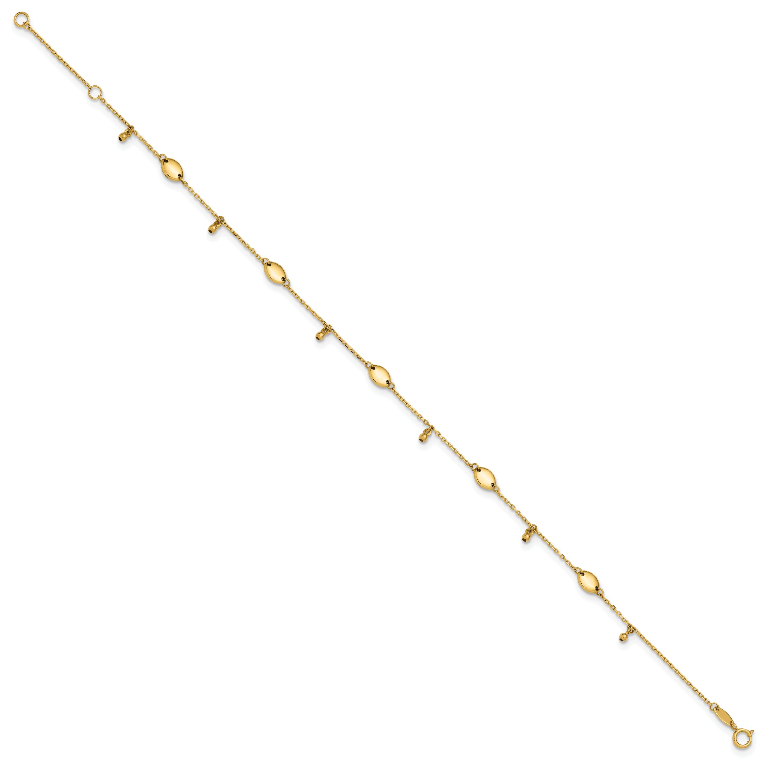 14K Oval and Bead Dangle 9 inch Plus 1 inch Extender - Total 10 inch Anklet