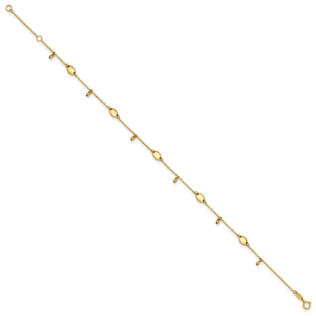 14K Oval and Bead Dangle 9 inch Plus 1 inch Extender - Total 10 inch Anklet