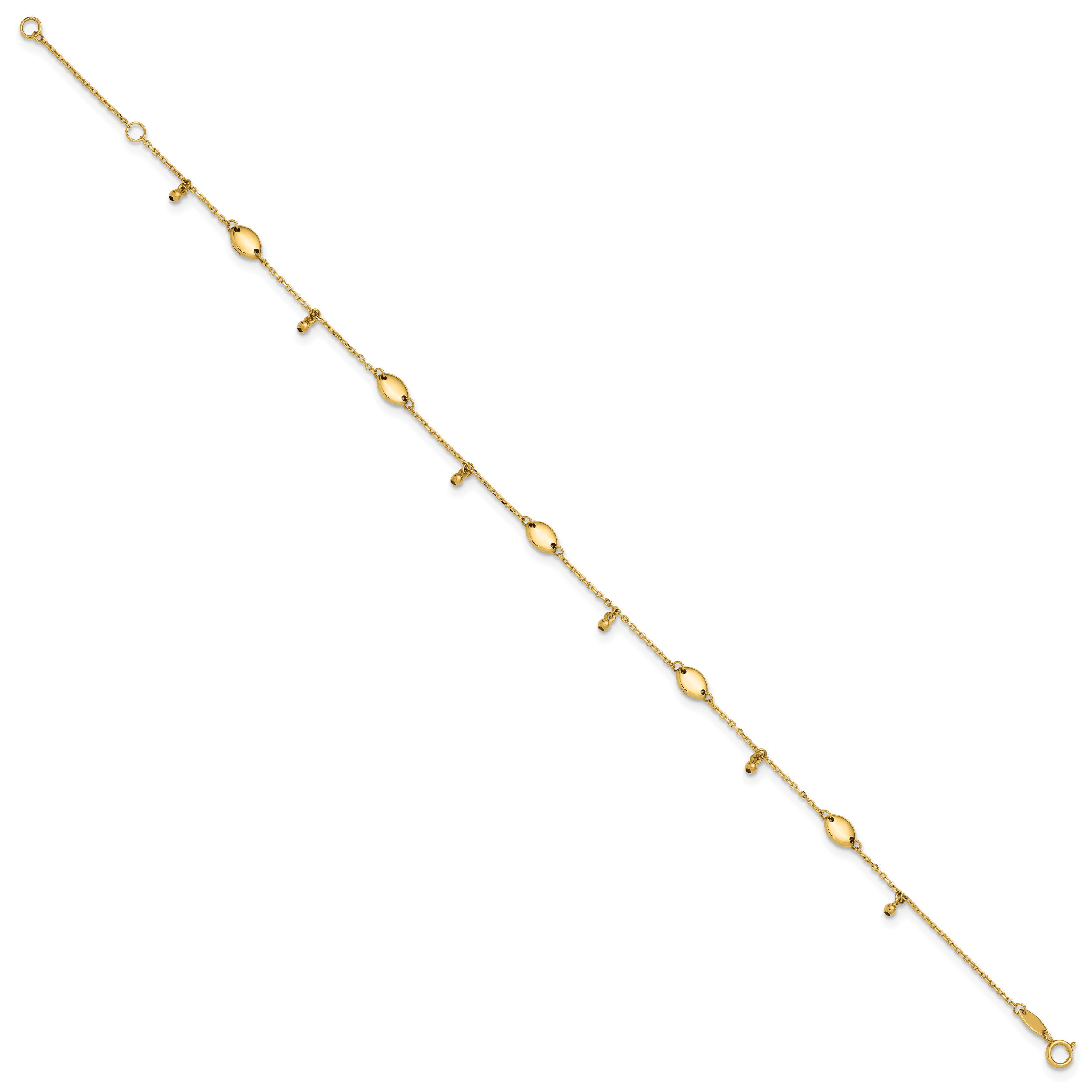 14K Oval and Bead Dangle 9 inch Plus 1 inch Extender - Total 10 inch Anklet