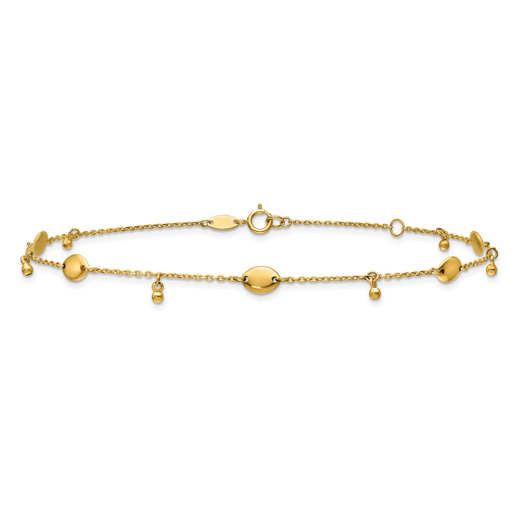 14K Oval and Bead Dangle 9 inch Plus 1 inch Extender - Total 10 inch Anklet
