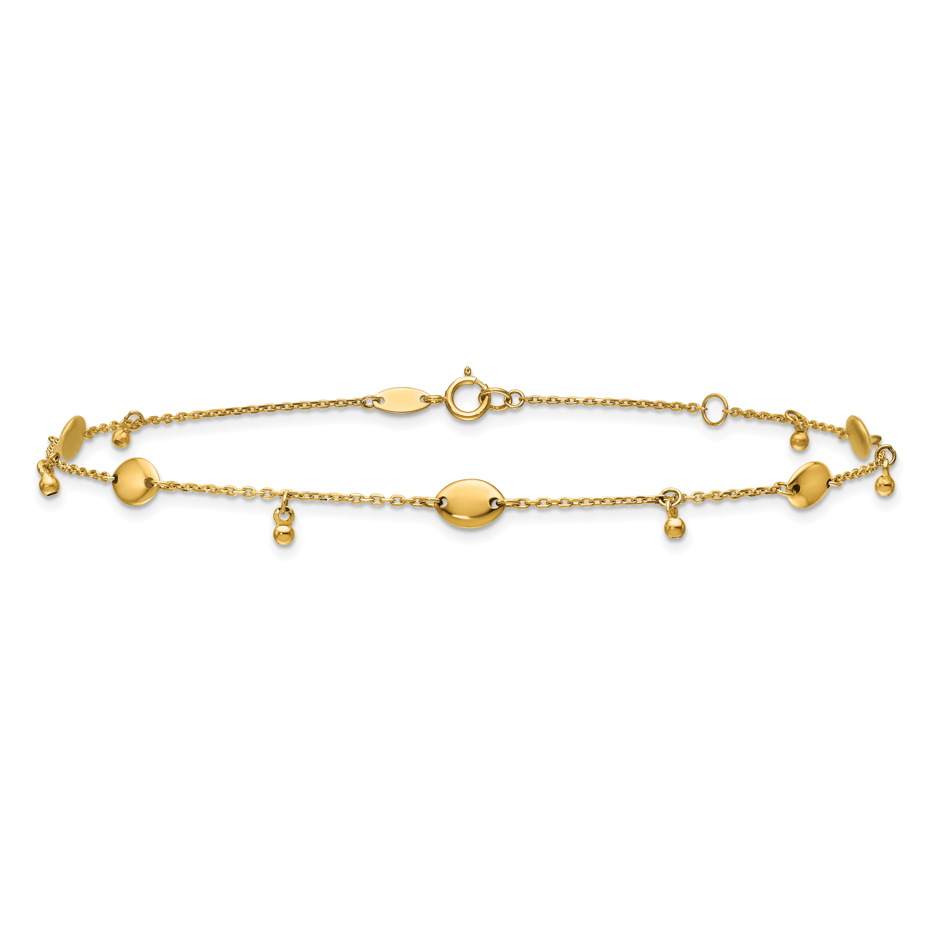 14K Oval and Bead Dangle 9 inch Plus 1 inch Extender - Total 10 inch Anklet