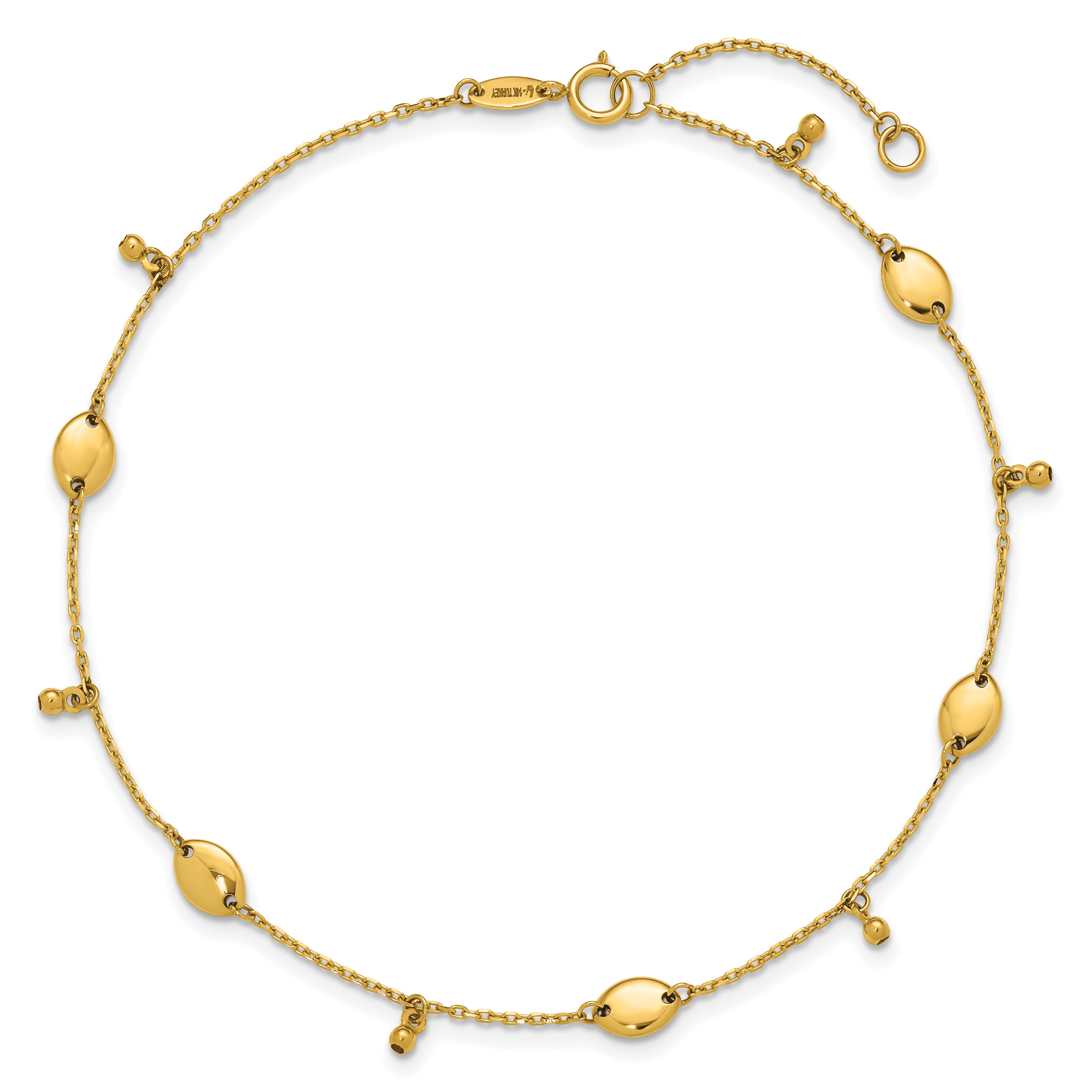 14K Oval and Bead Dangle 9 inch Plus 1 inch Extender - Total 10 inch Anklet