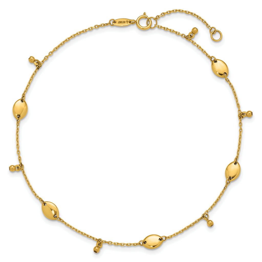 14K Oval and Bead Dangle 9 inch Plus 1 inch Extender - Total 10 inch Anklet