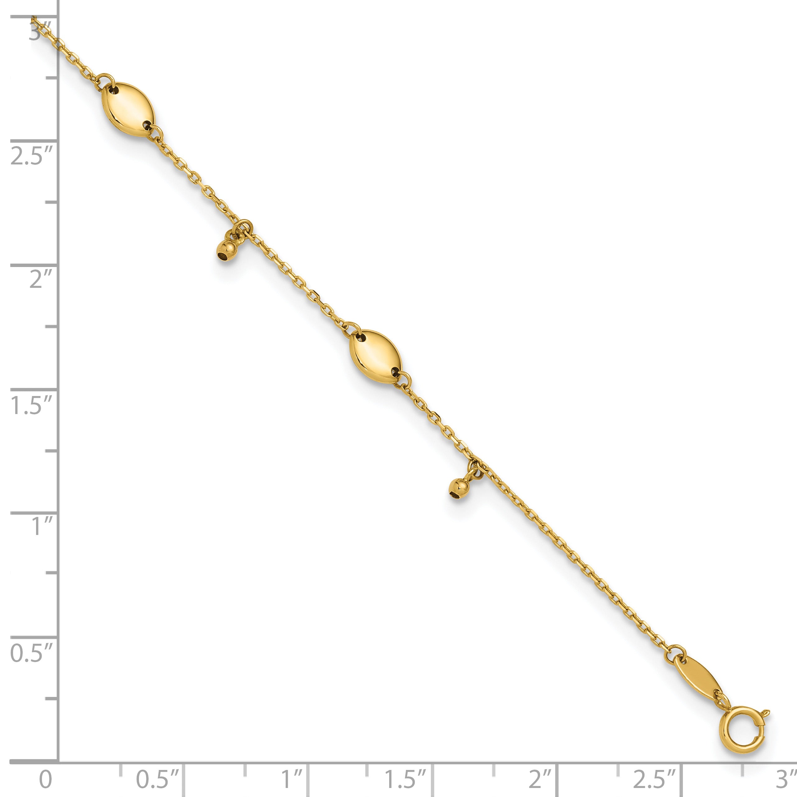 14K Oval and Bead Dangle 9 inch Plus 1 inch Extender - Total 10 inch Anklet