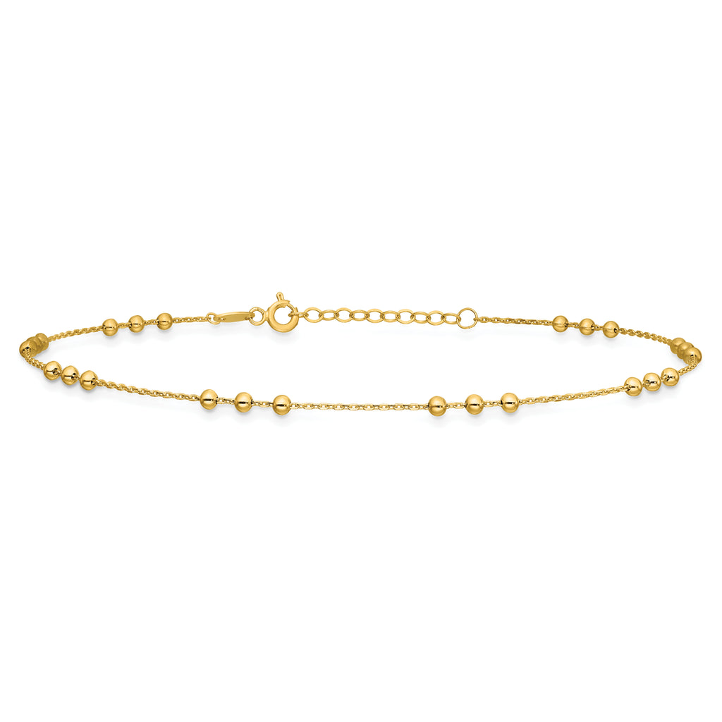 14K Yellow Gold Beaded Anklet, 11 in