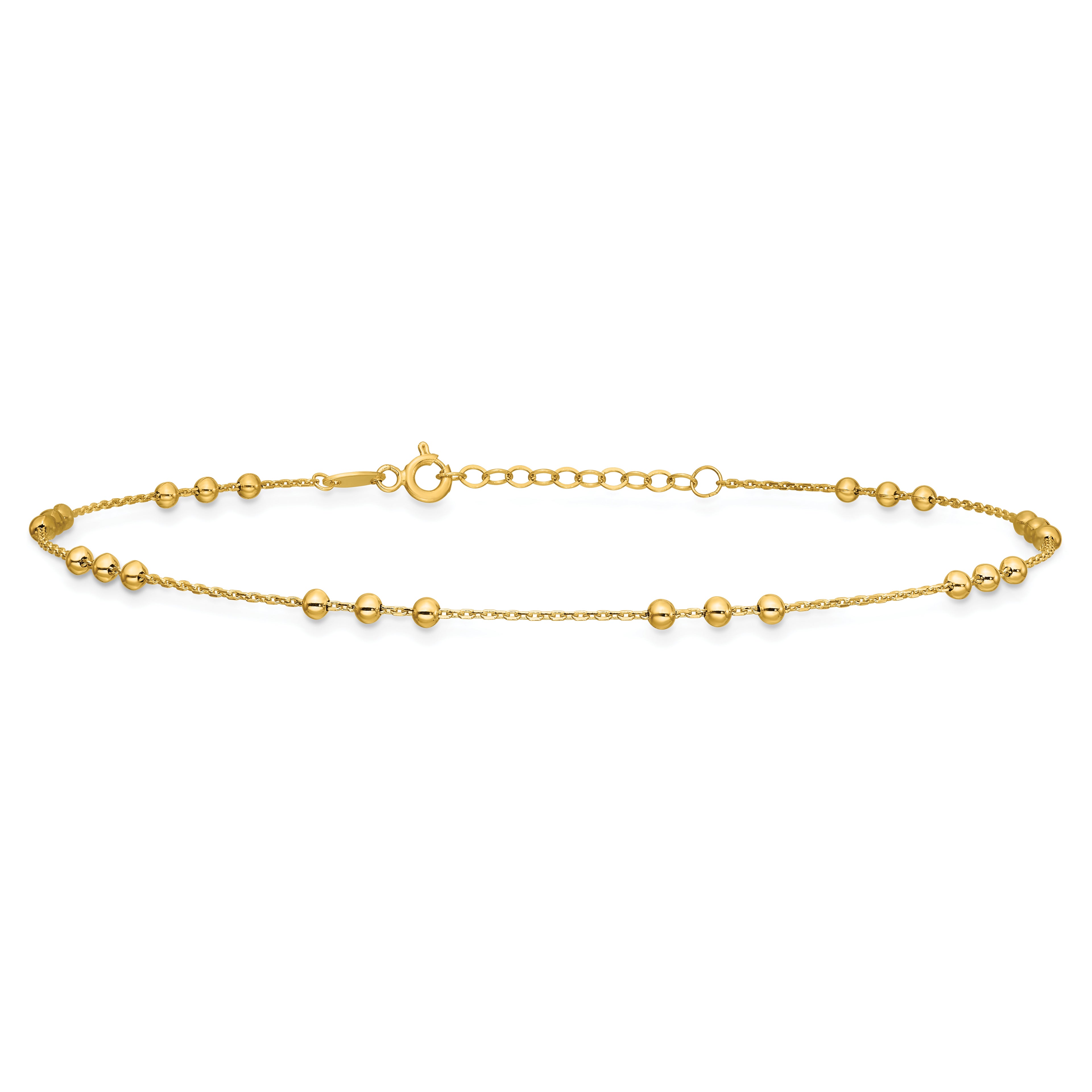 14K Yellow Gold Beaded Anklet, 11 in