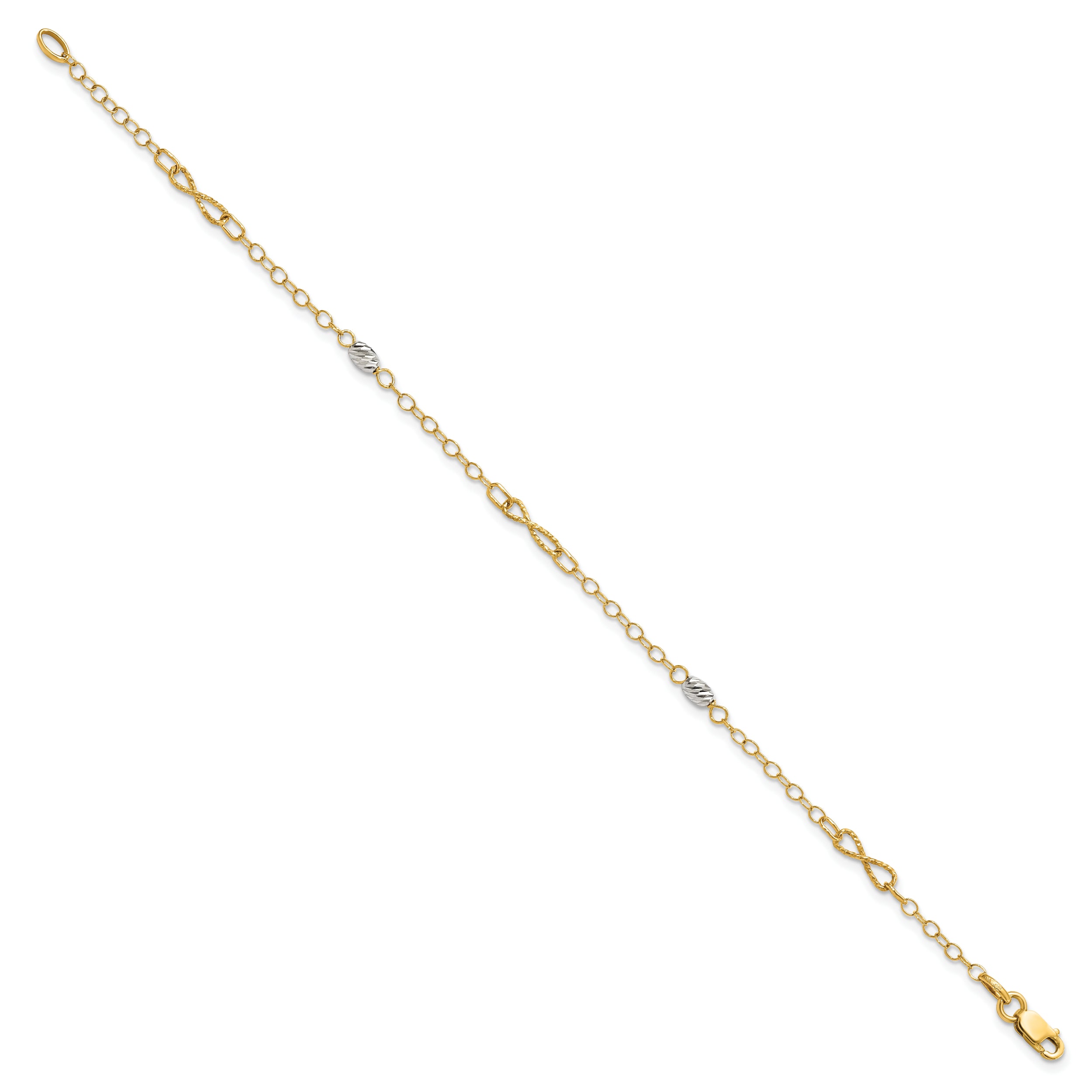 14K Two-tone Twist and Diamond-cut Oval 10 inch Plus 1 inch Extender - Total 11 inch Anklet