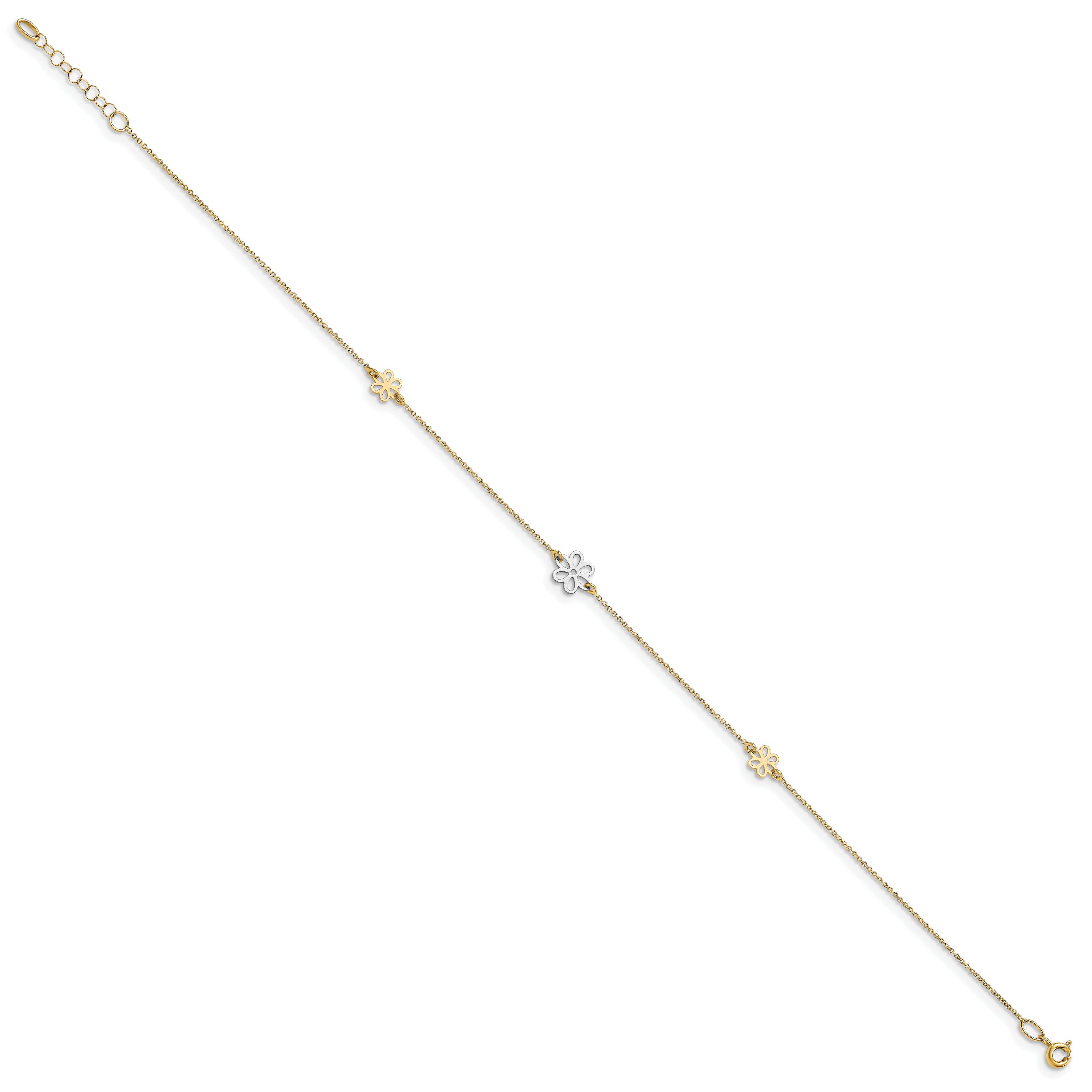 14K Two-tone Flower 3-Station 10 inch Plus 1 inch Extender - Total 11 inch Anklet