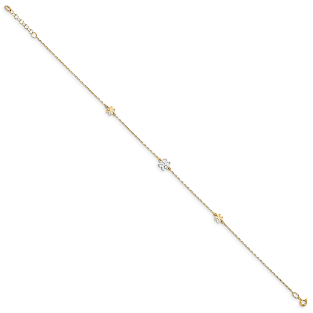14K Two-tone Flower 3-Station 10 inch Plus 1 inch Extender - Total 11 inch Anklet