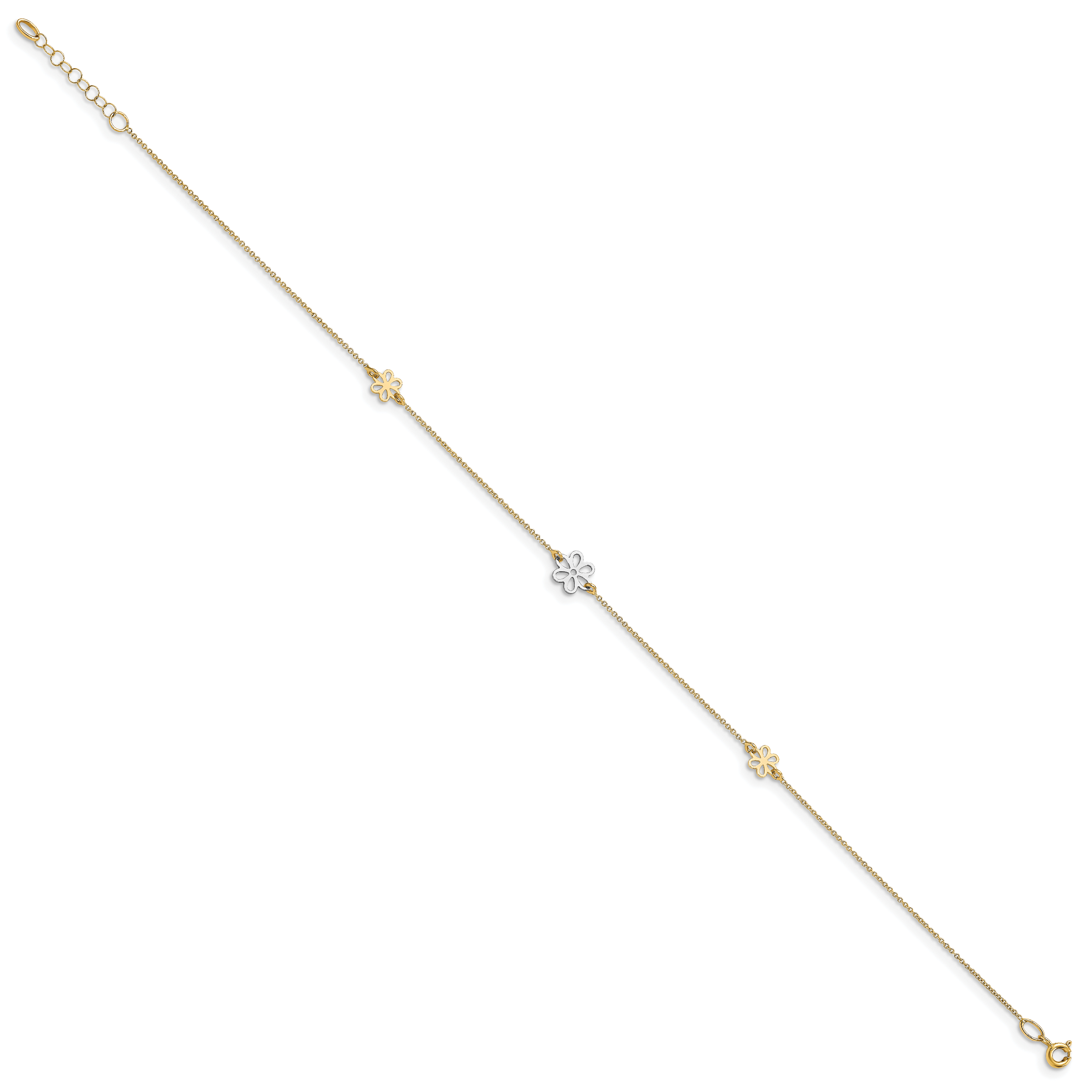 14K Two-tone Flower 3-Station 10 inch Plus 1 inch Extender - Total 11 inch Anklet