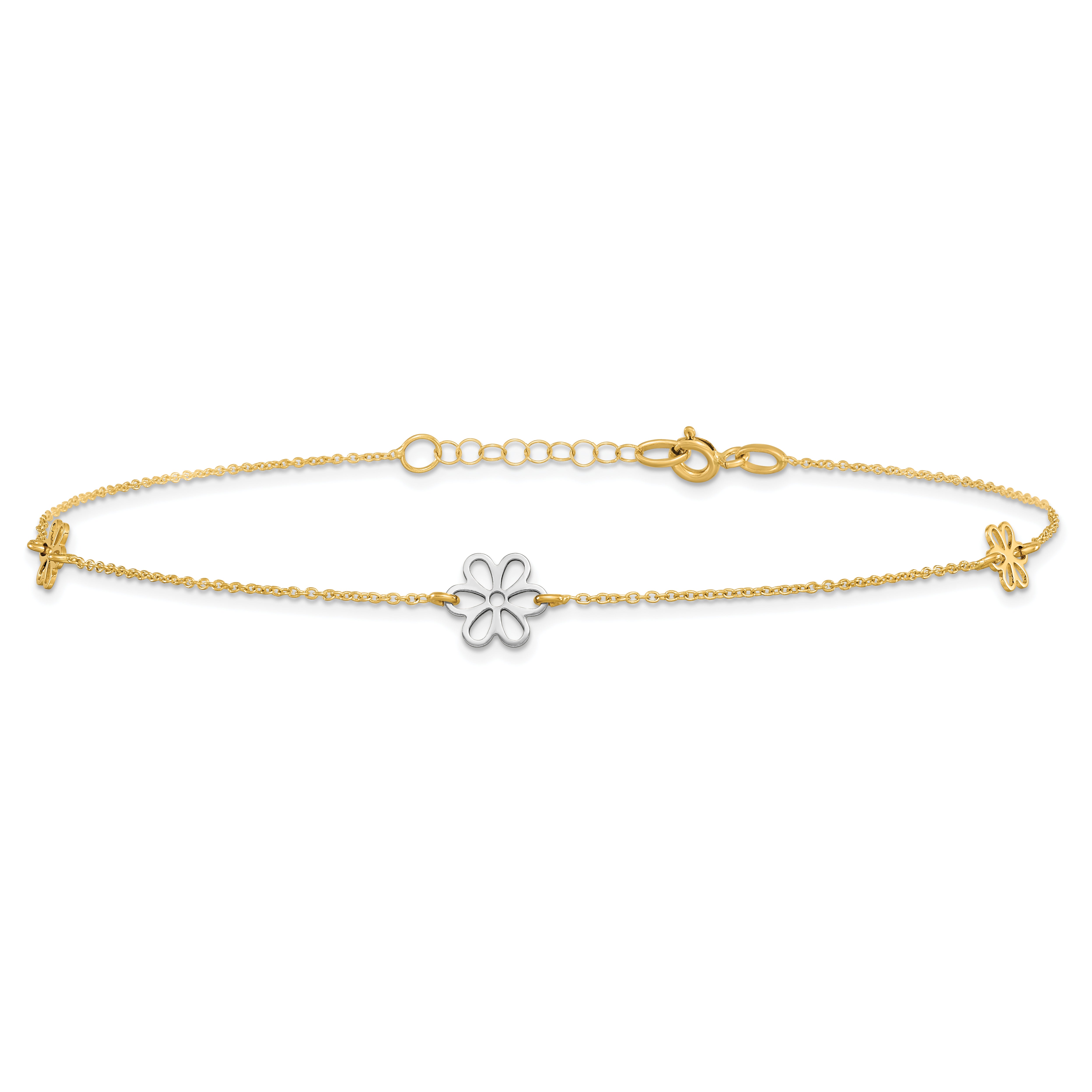 14K Two-tone Flower 3-Station 10 inch Plus 1 inch Extender - Total 11 inch Anklet