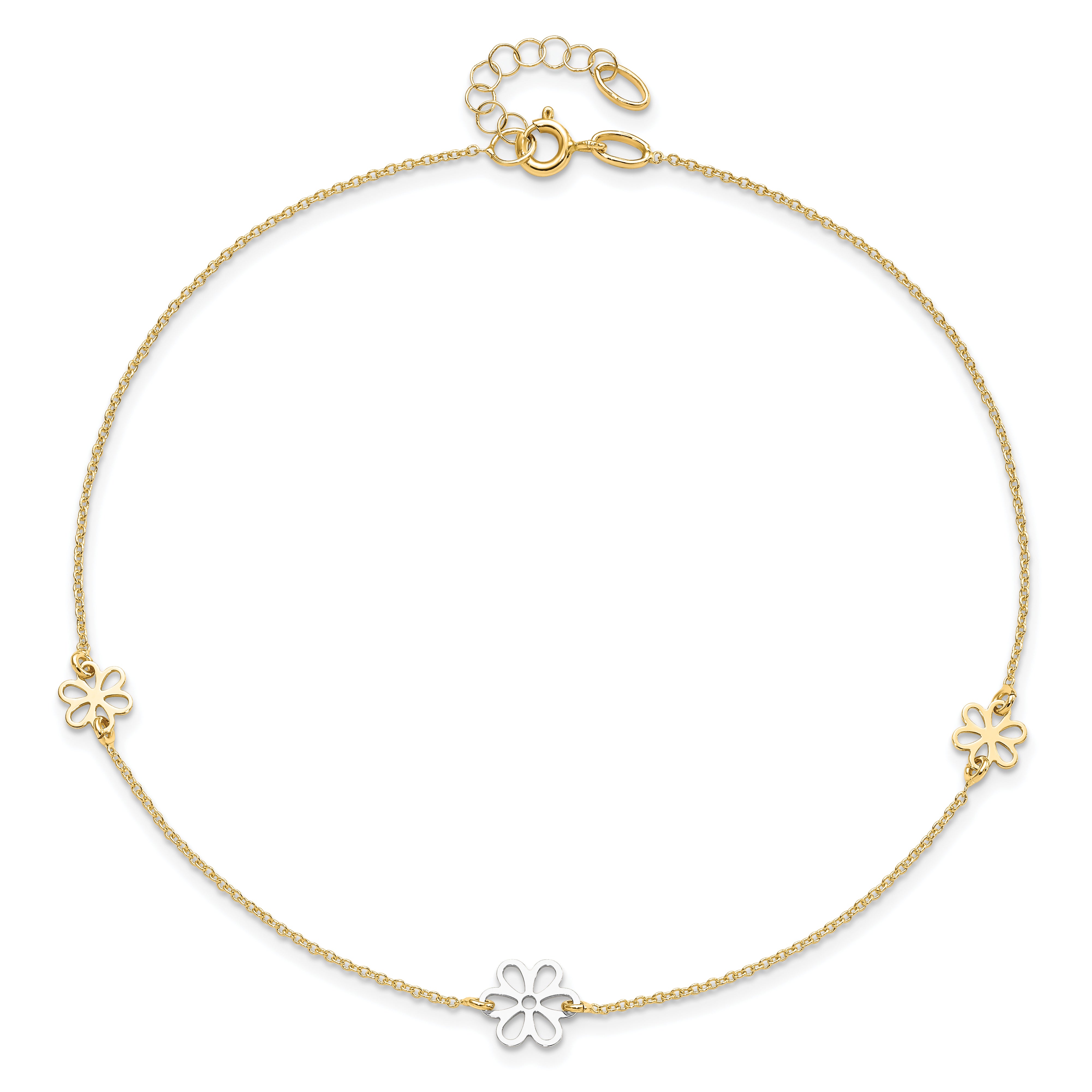 14K Two-tone Flower 3-Station 10 inch Plus 1 inch Extender - Total 11 inch Anklet