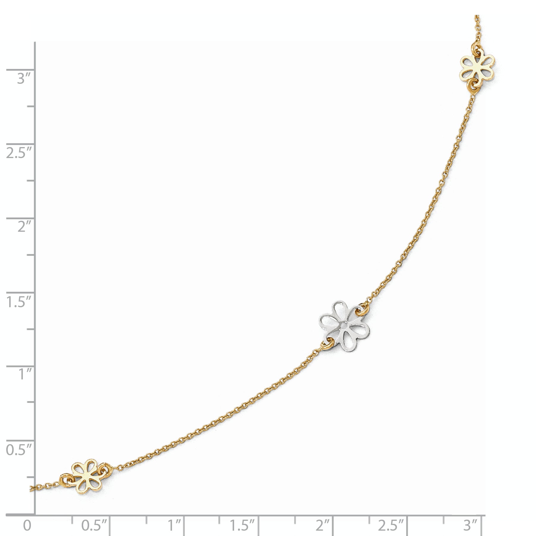 14K Two-tone Flower 3-Station 10 inch Plus 1 inch Extender - Total 11 inch Anklet