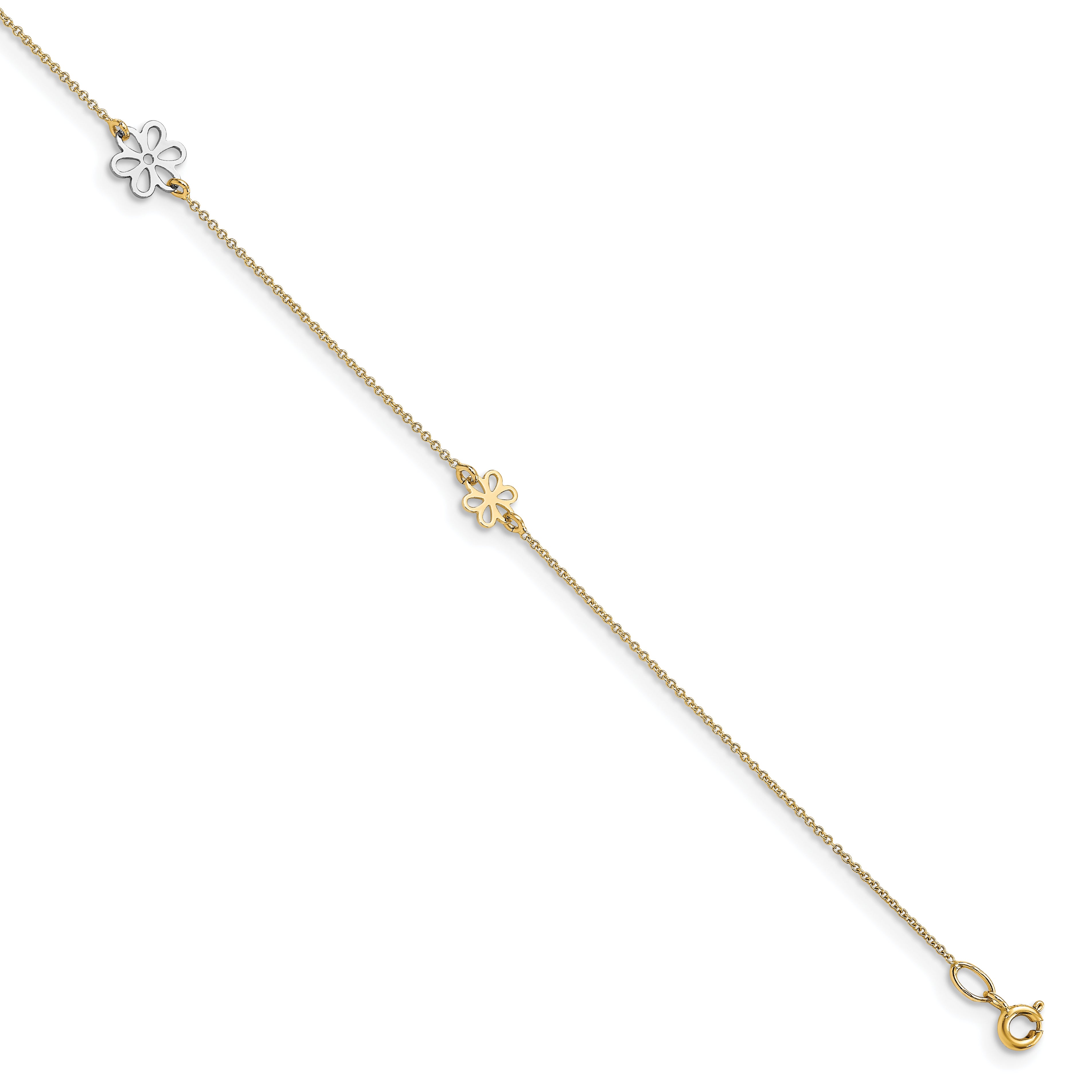 14K Two-tone Flower 3-Station 10 inch Plus 1 inch Extender - Total 11 inch Anklet Main image