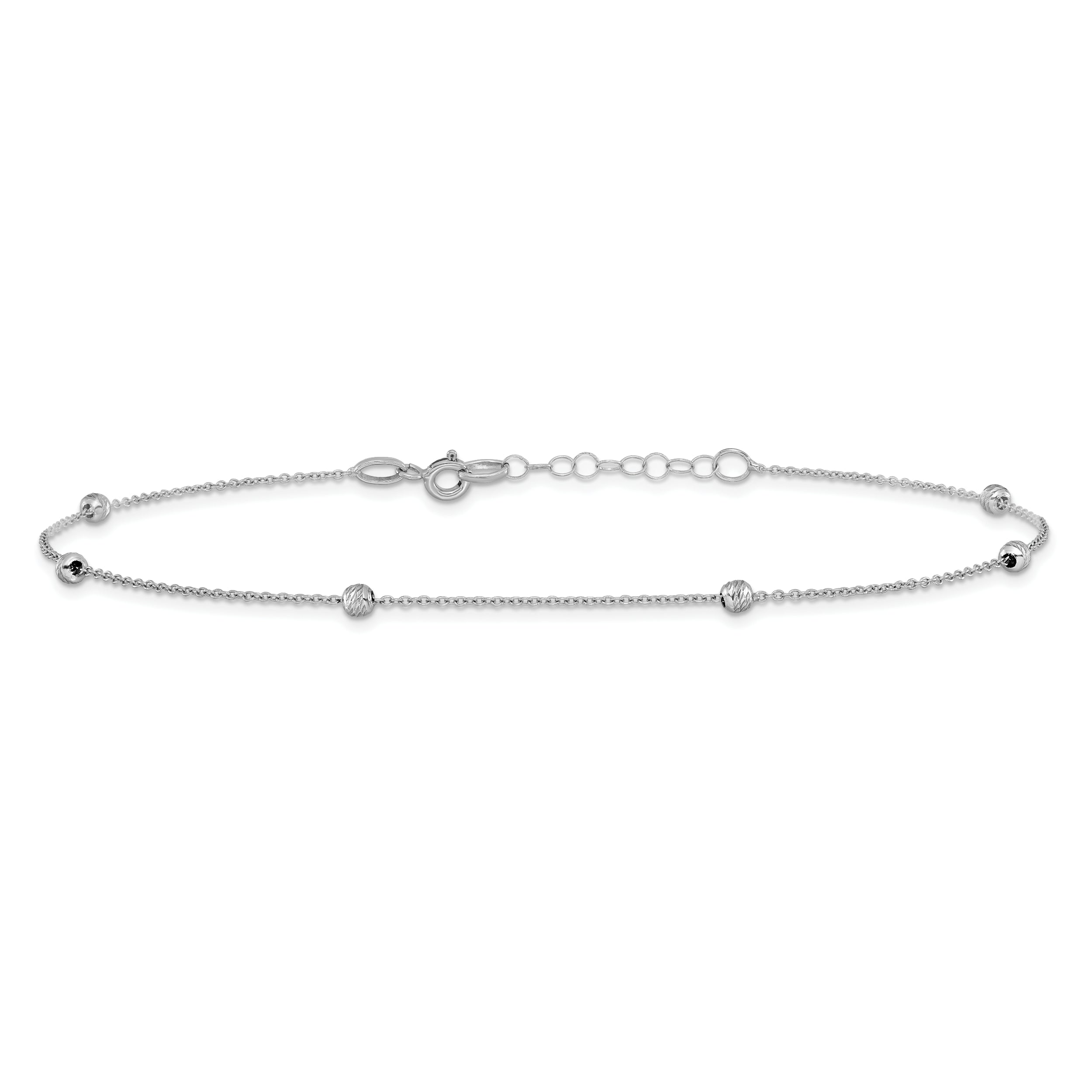 14K White Gold Diamond-cut Bead 6-Station 10 inch Plus 1 inch Extender - Total 11 inch Anklet