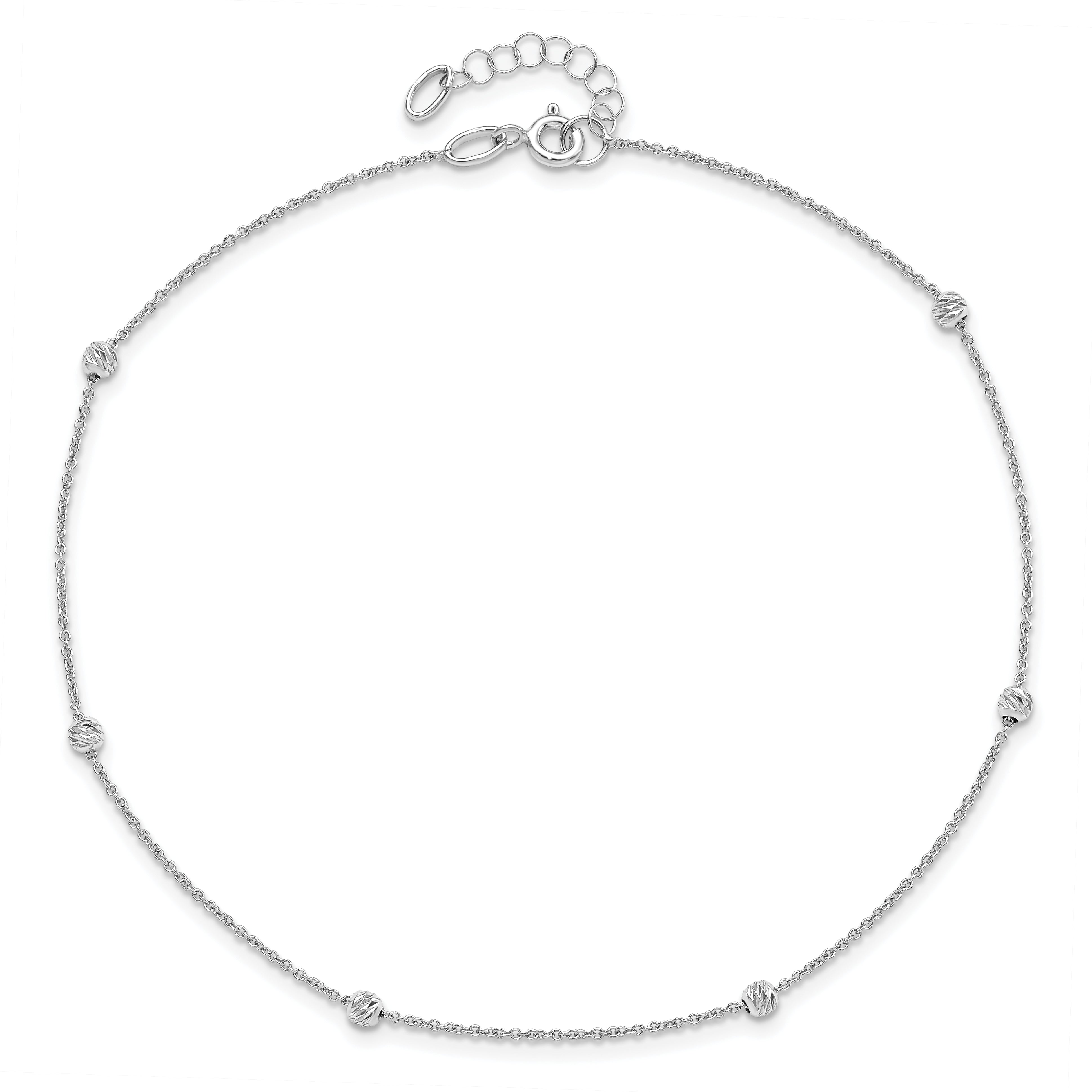 14K White Gold Diamond-cut Bead 6-Station 10 inch Plus 1 inch Extender - Total 11 inch Anklet