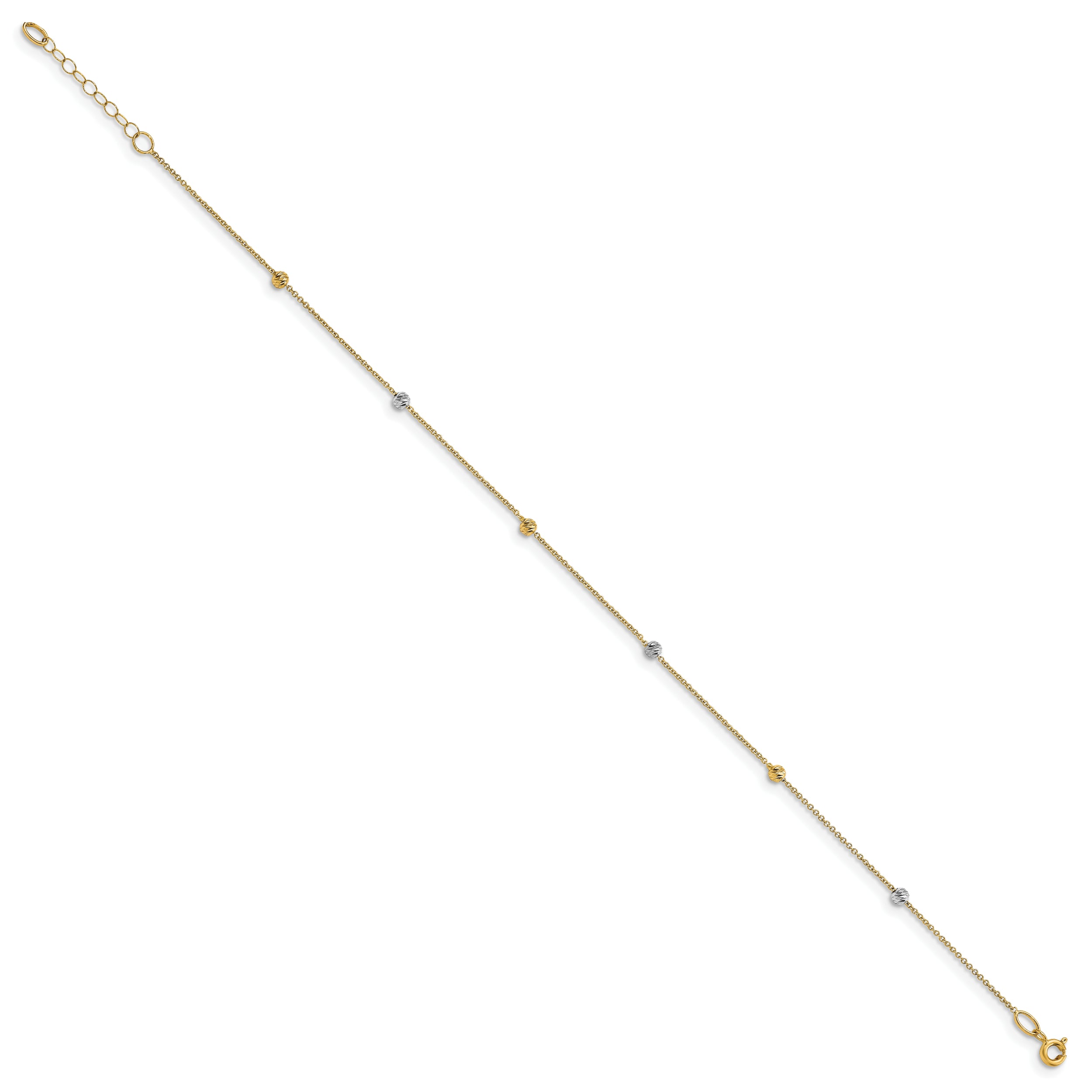 14K Two-Tone Diamond-cut Bead 6-Station 9 inch Plus 1 inch Extender - Total 10 inch Anklet