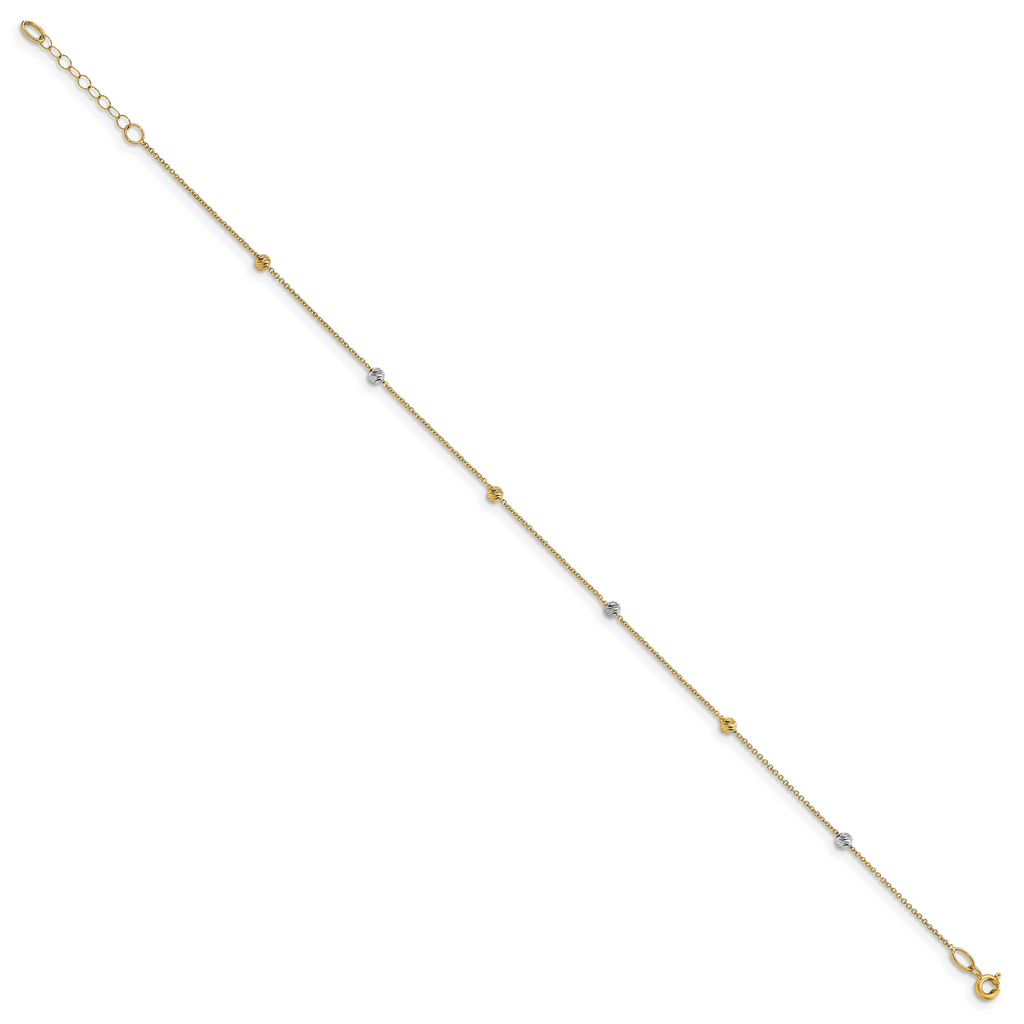 14K Two-Tone Diamond-cut Bead 6-Station 9 inch Plus 1 inch Extender - Total 10 inch Anklet
