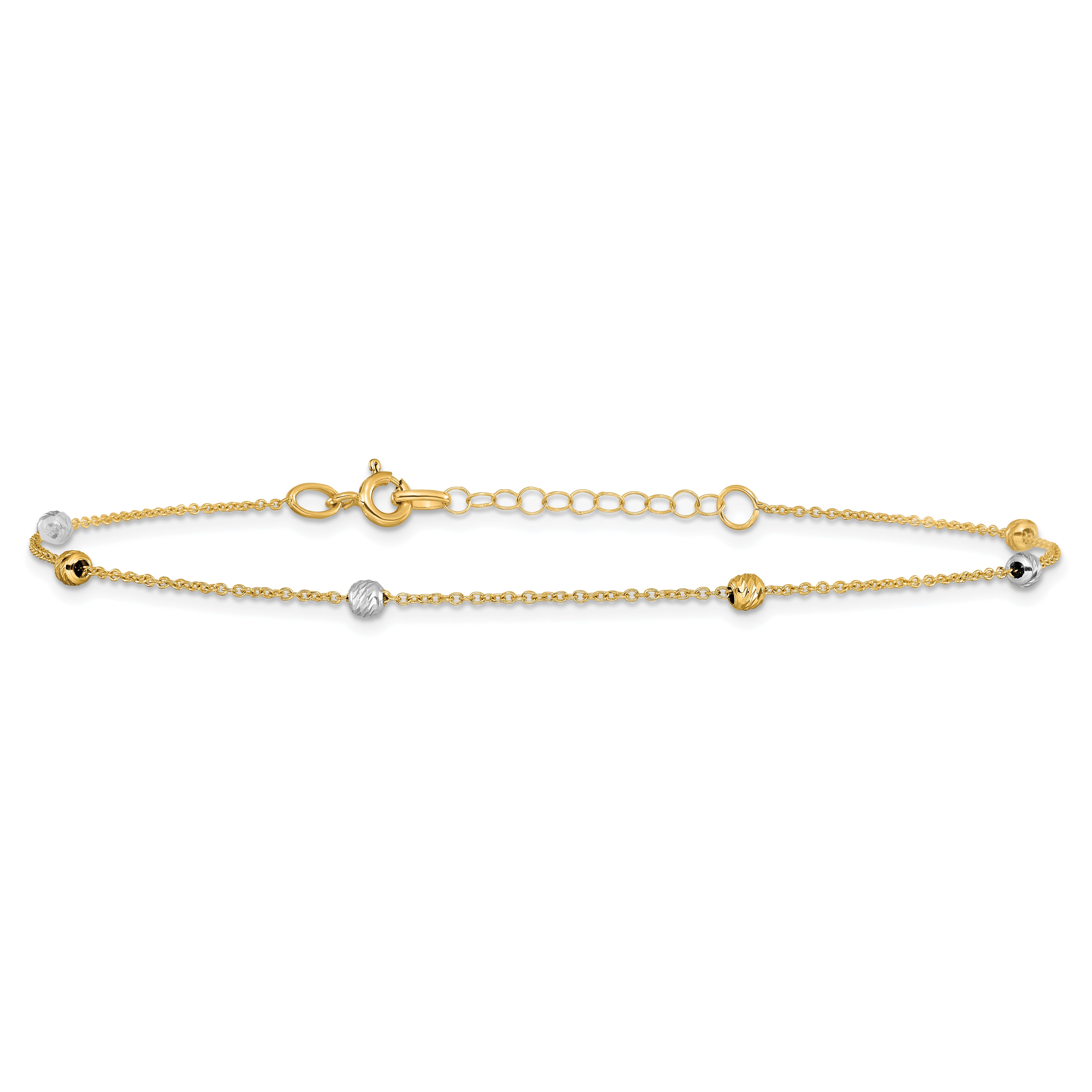 14K Two-Tone Diamond-cut Bead 6-Station 9 inch Plus 1 inch Extender - Total 10 inch Anklet