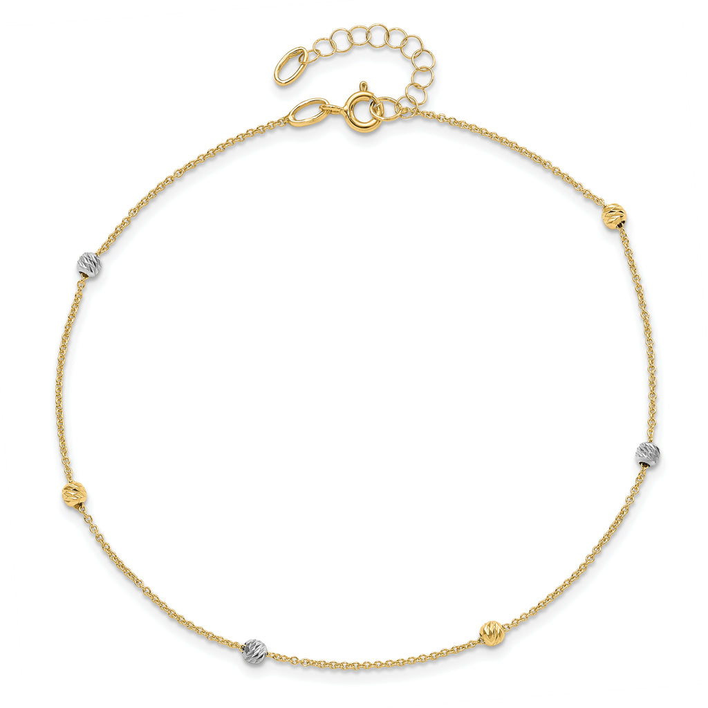14K Two-Tone Diamond-cut Bead 6-Station 9 inch Plus 1 inch Extender - Total 10 inch Anklet