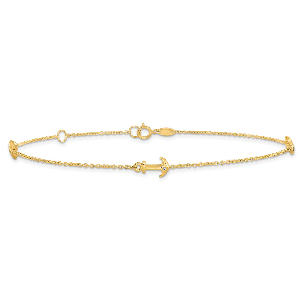 14K CZ Anchor 3-Station 9 inch Plus 1 inch Extender - Total 10 inch Anklet