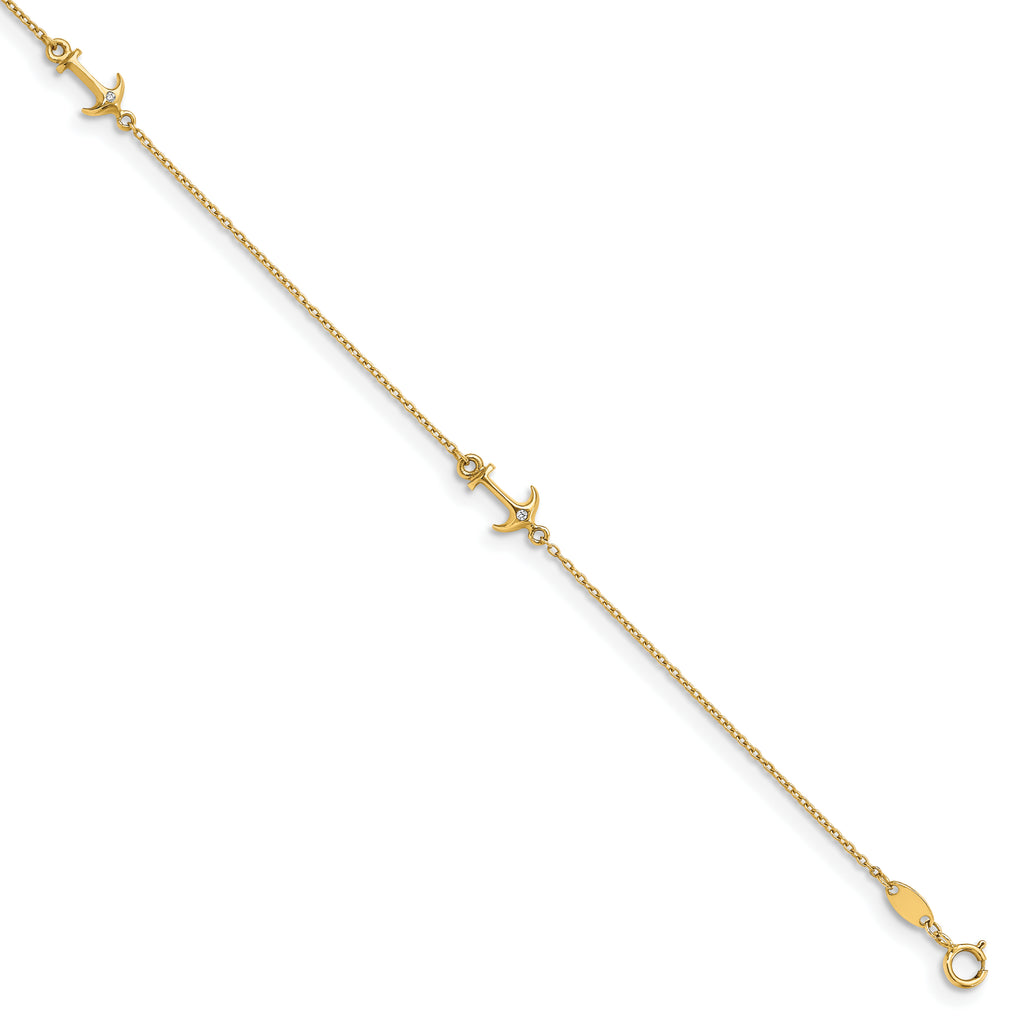 14K CZ Anchor 3-Station 9 inch Plus 1 inch Extender - Total 10 inch Anklet