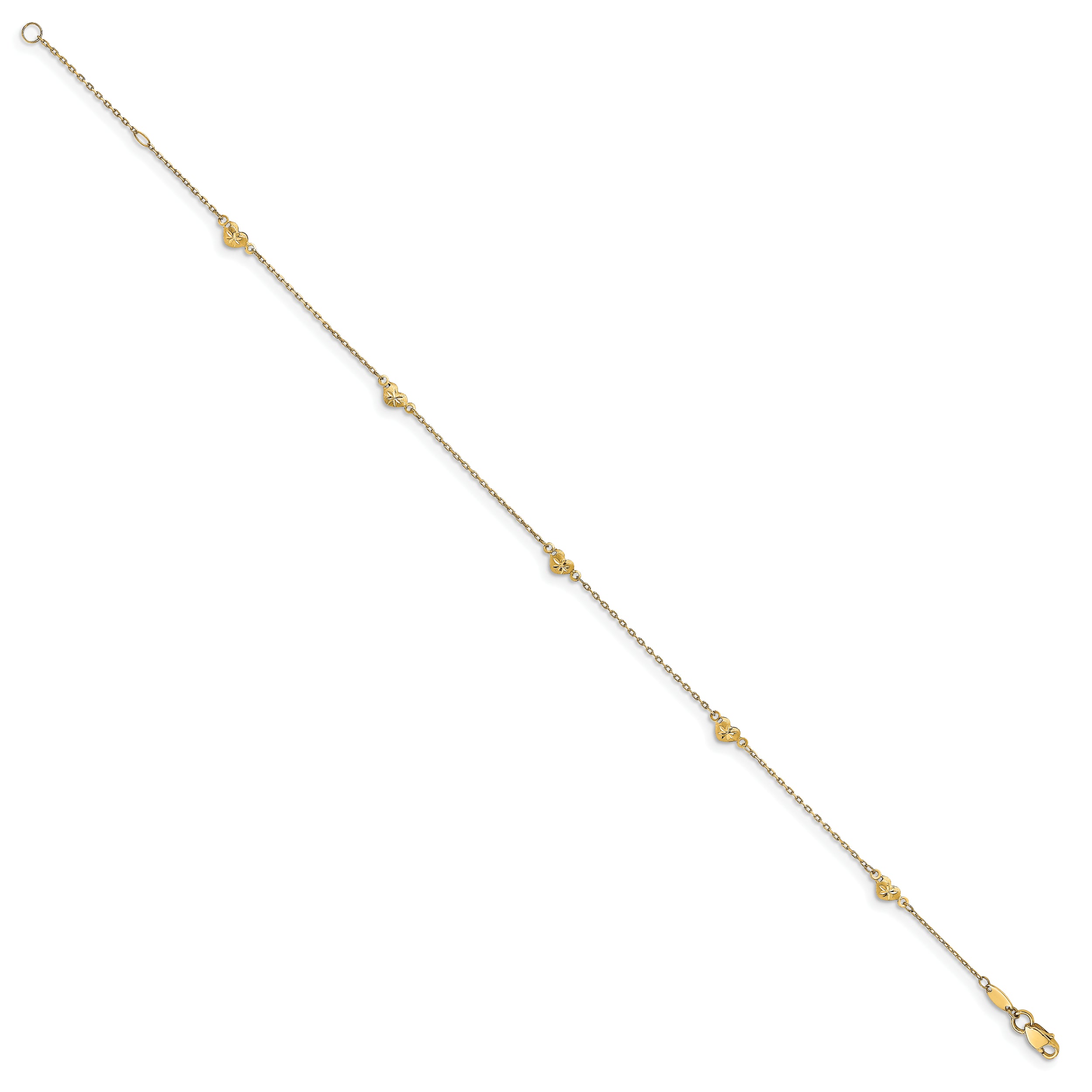 14K Diamond-cut Heart 5-Station 9 inch Plus 1 inch Extender - Total 10 inch Anklet