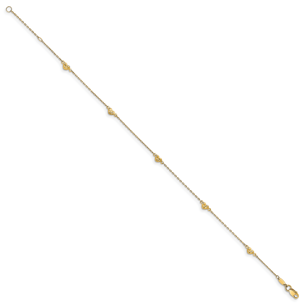 14K Diamond-cut Heart 5-Station 9 inch Plus 1 inch Extender - Total 10 inch Anklet