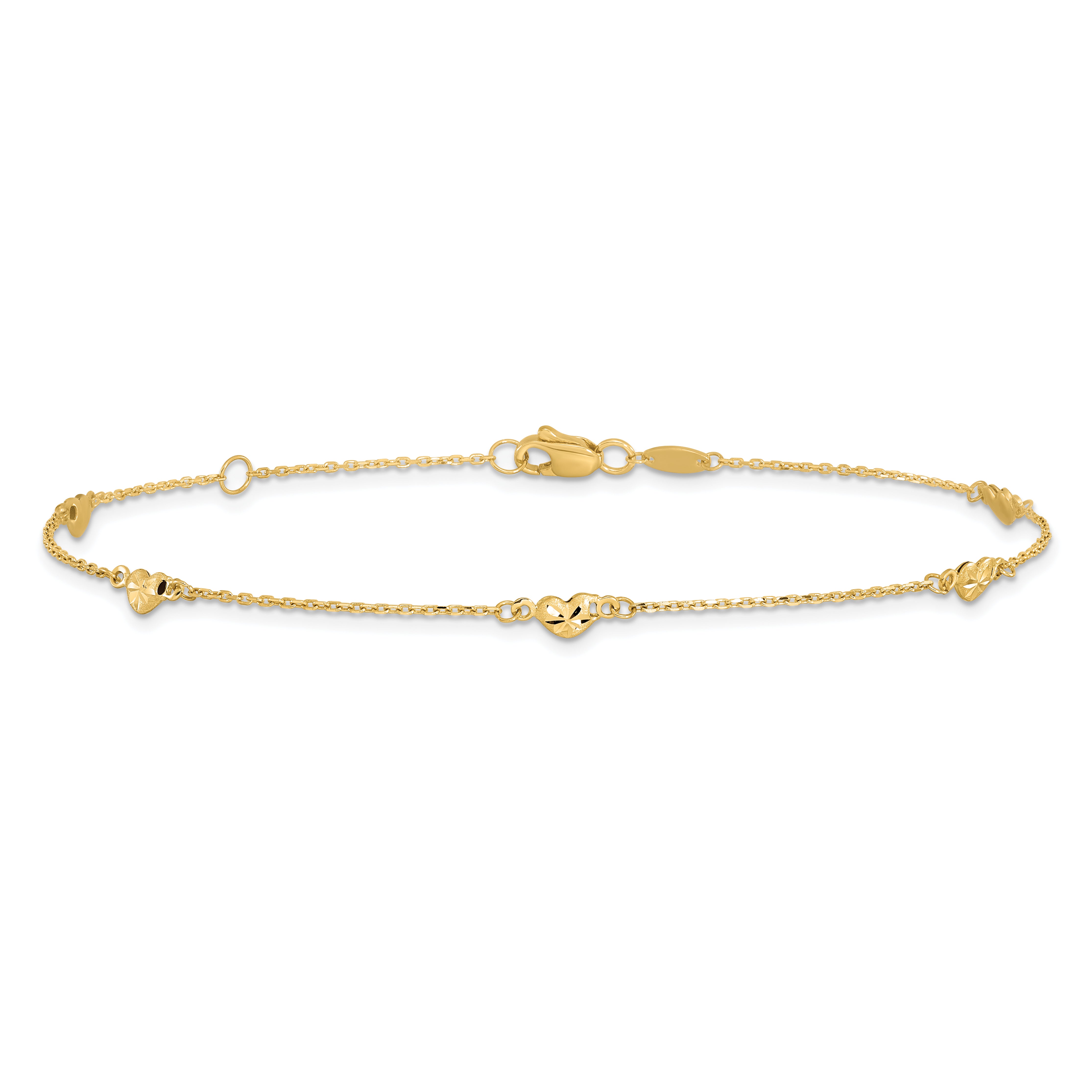 14K Diamond-cut Heart 5-Station 9 inch Plus 1 inch Extender - Total 10 inch Anklet