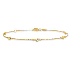 14K Diamond-cut Heart 5-Station 9 inch Plus 1 inch Extender - Total 10 inch Anklet