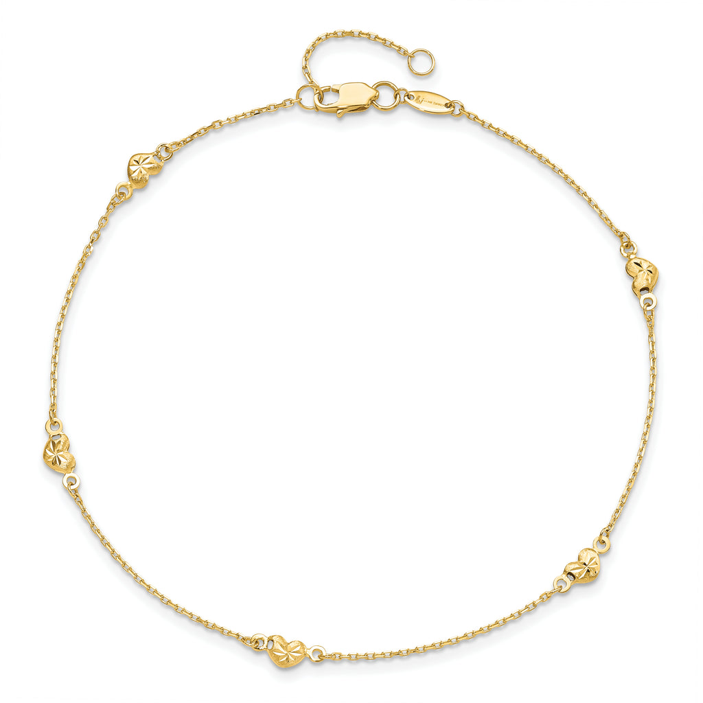 14K Diamond-cut Heart 5-Station 9 inch Plus 1 inch Extender - Total 10 inch Anklet