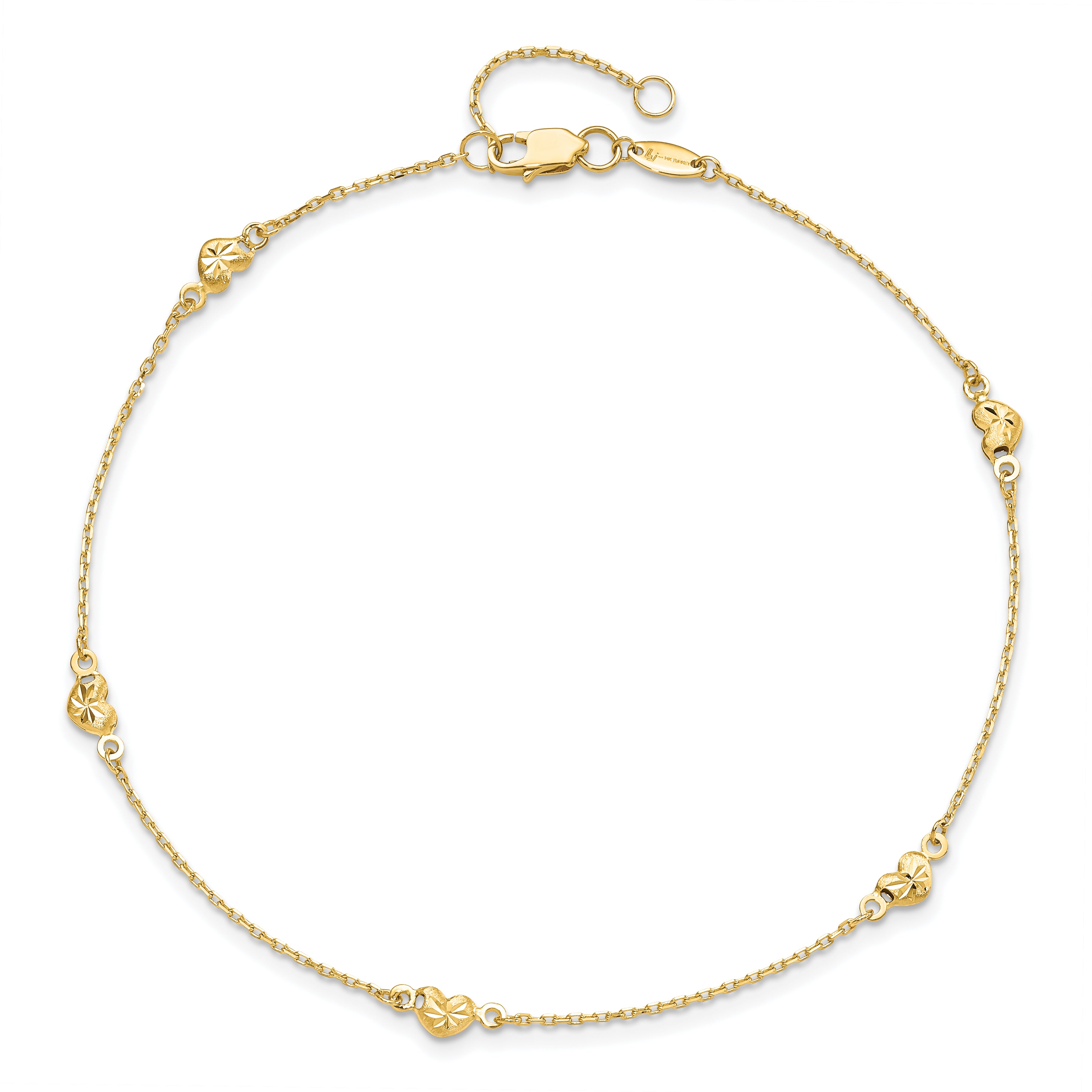 14K Diamond-cut Heart 5-Station 9 inch Plus 1 inch Extender - Total 10 inch Anklet