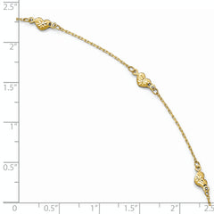 14K Diamond-cut Heart 5-Station 9 inch Plus 1 inch Extender - Total 10 inch Anklet