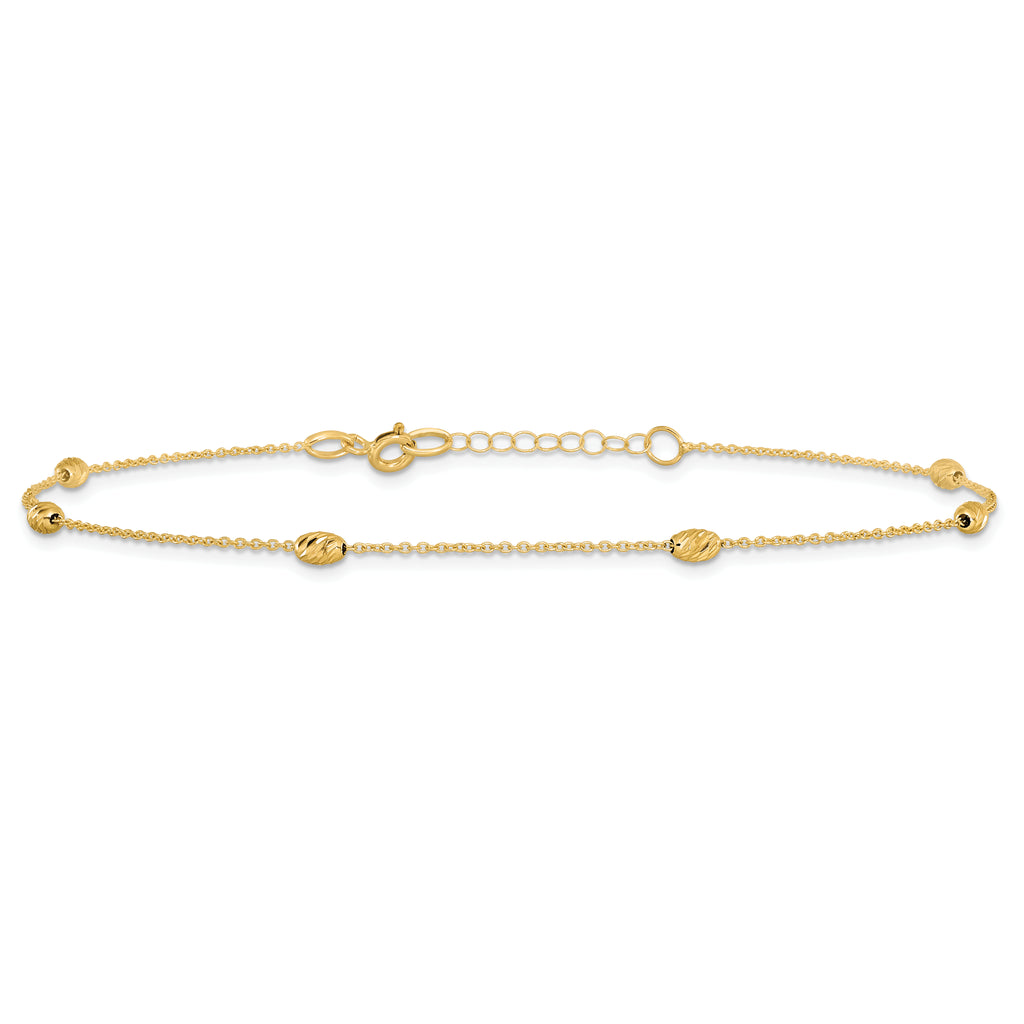 14K Diamond-cut Oval Beads 6-Station 10 inch Plus 1 inch Extender - Total 11 inch Anklet