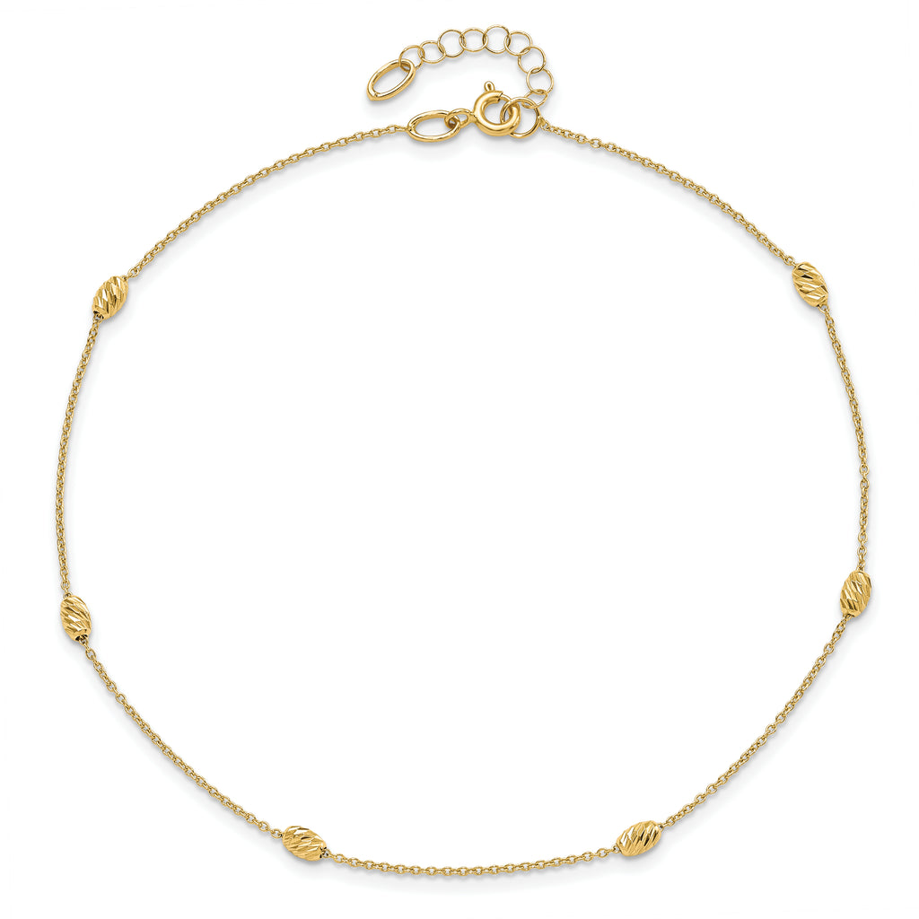 14K Diamond-cut Oval Beads 6-Station 10 inch Plus 1 inch Extender - Total 11 inch Anklet