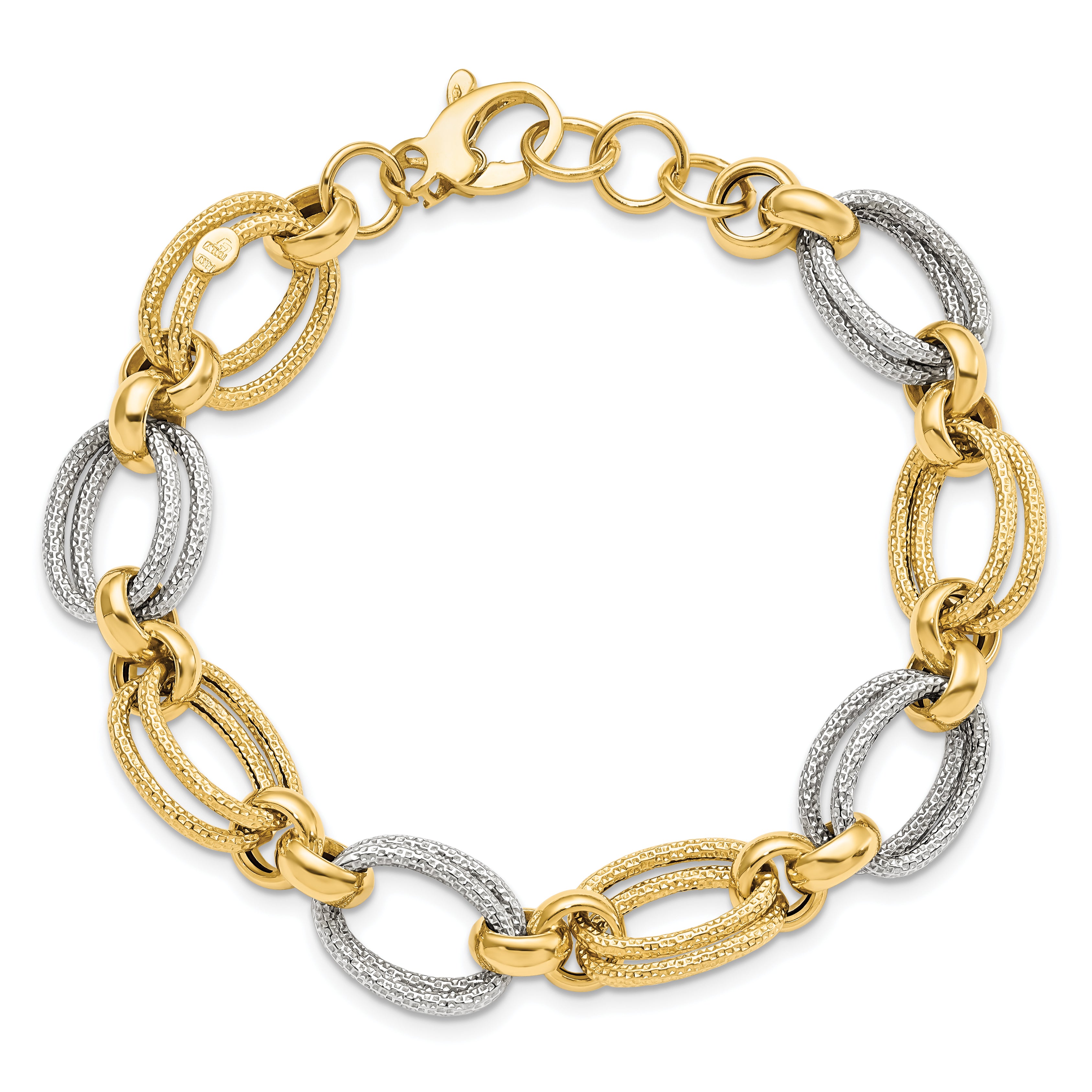 14K Two-tone Polished and Textured Fancy Link Bracelet