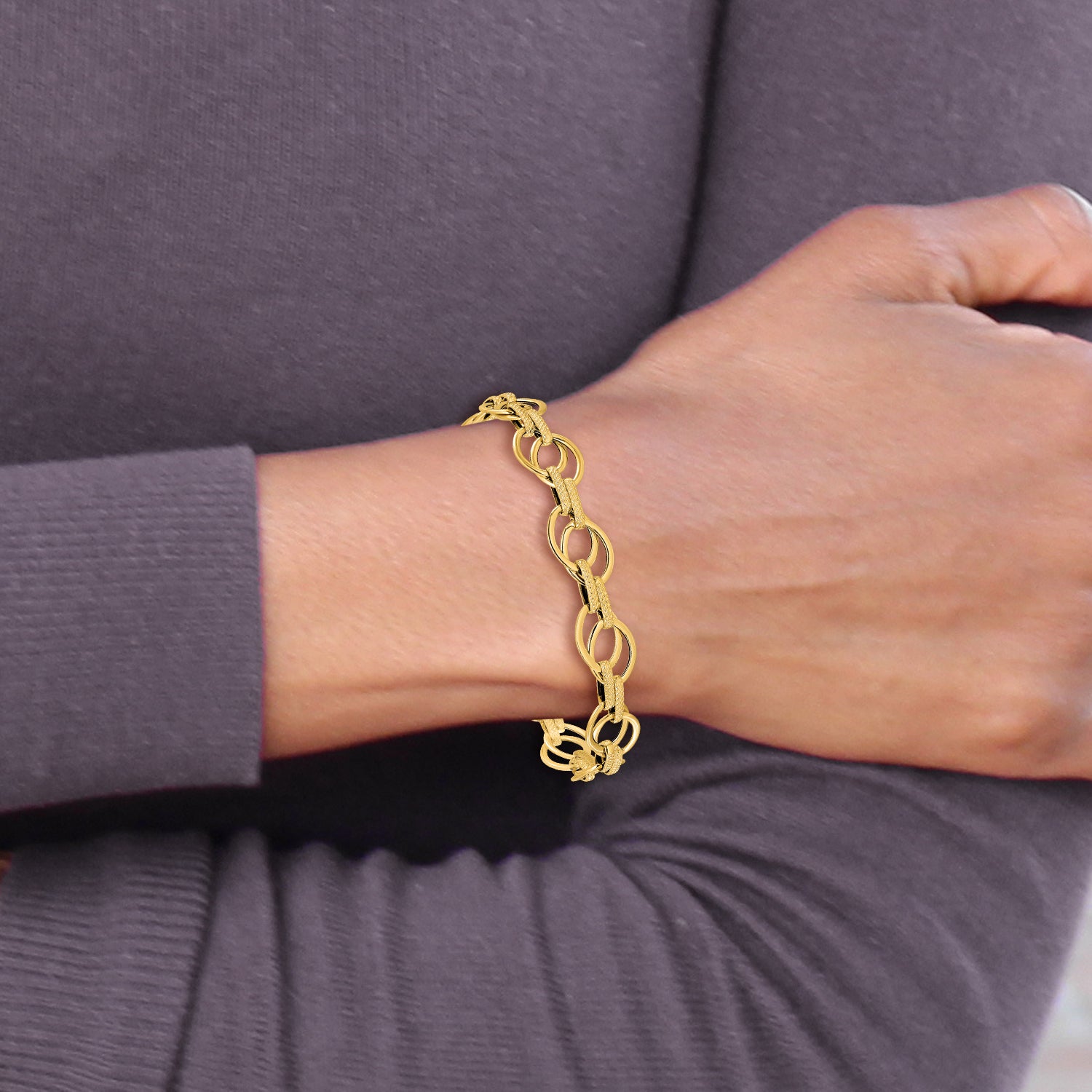 14K Polished and Textured Fancy Link Bracelet