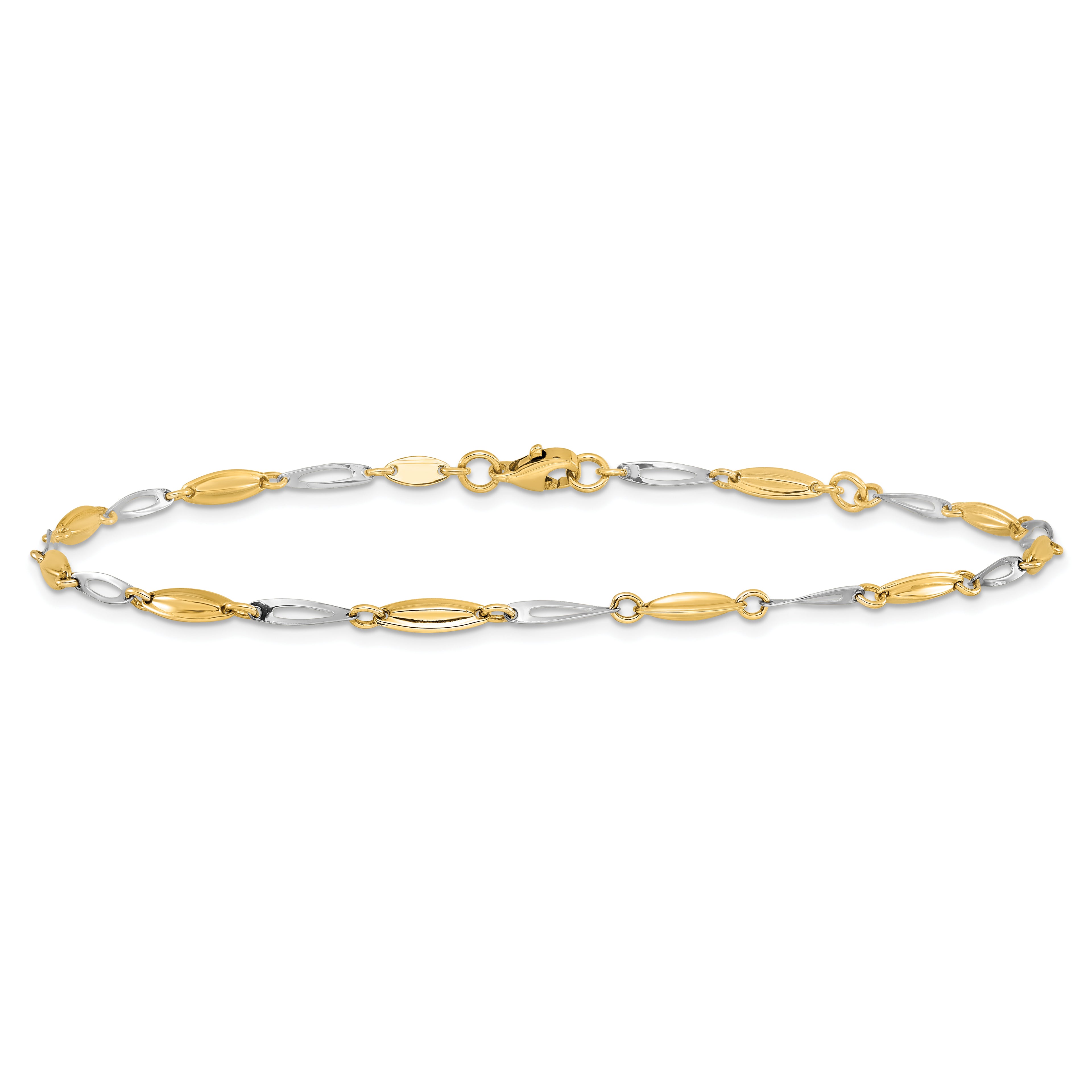 14K Two-tone Polished Fancy 9 inch Plus 1 inch Extender - Total 10 inch Anklet