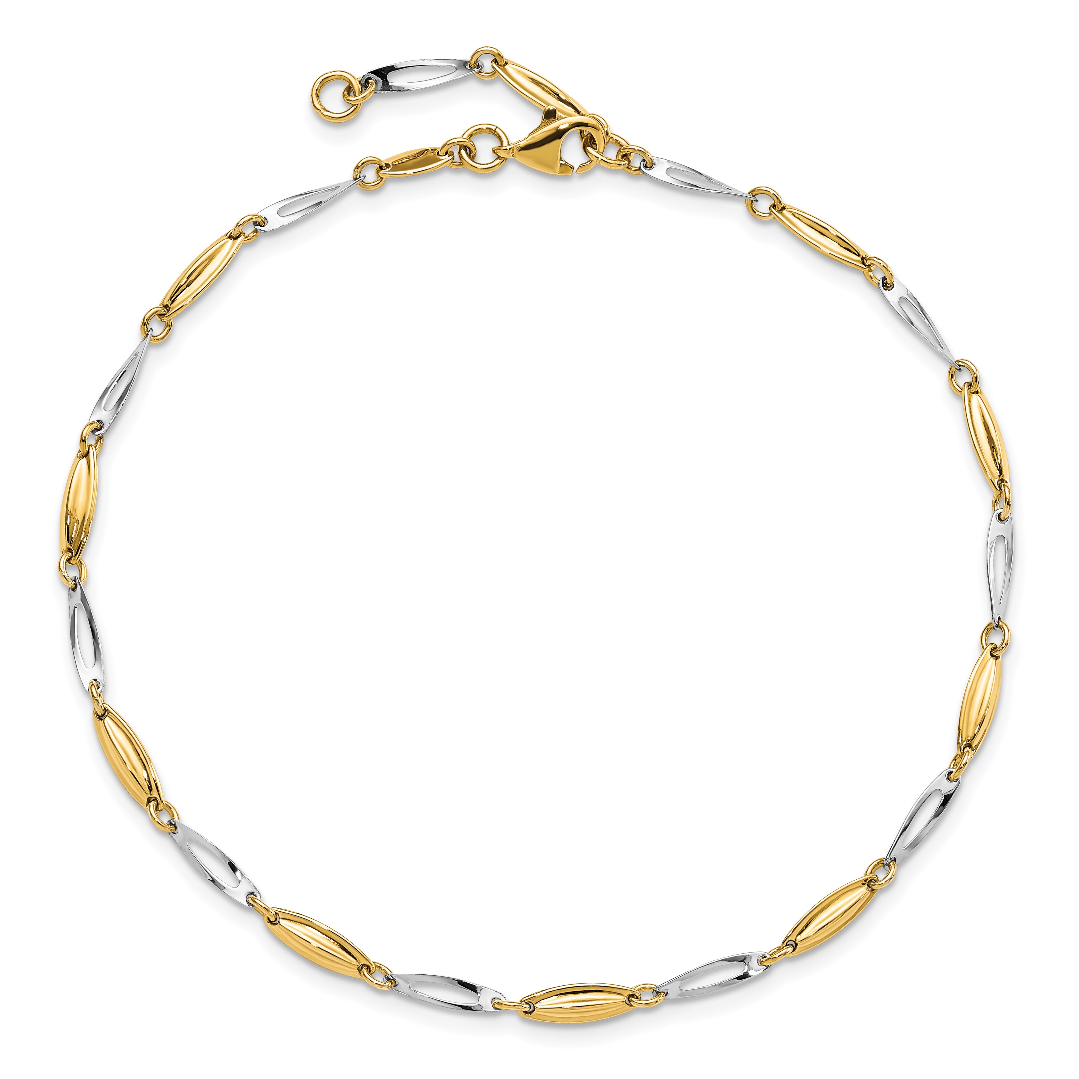 14K Two-tone Polished Fancy 9 inch Plus 1 inch Extender - Total 10 inch Anklet